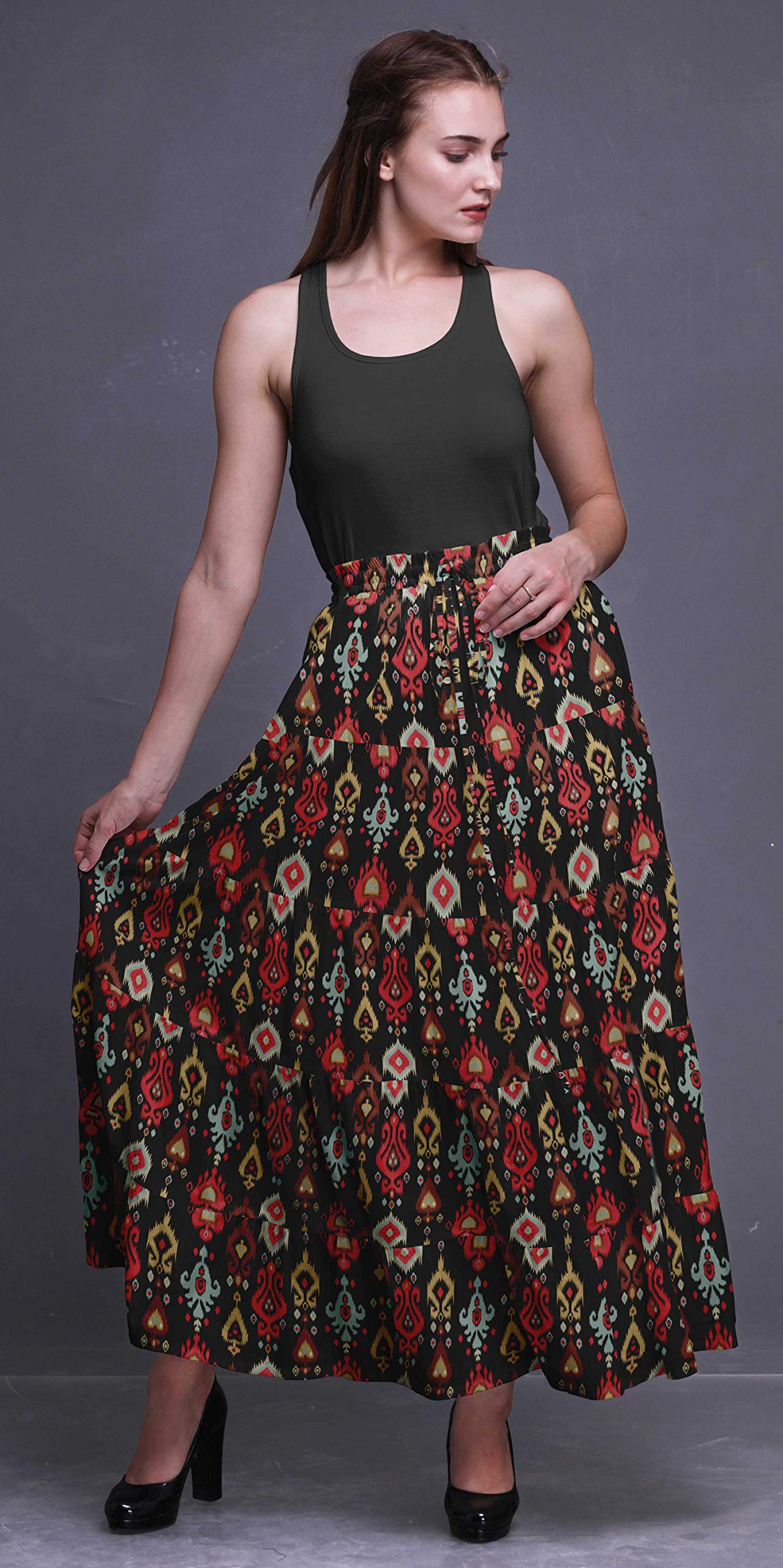Bimba Women's Printed Long 5-Tier Cotton Skirt - Boho Style Maxi Skirt for Summer, Beach, Music Festivals & Casual Outfits