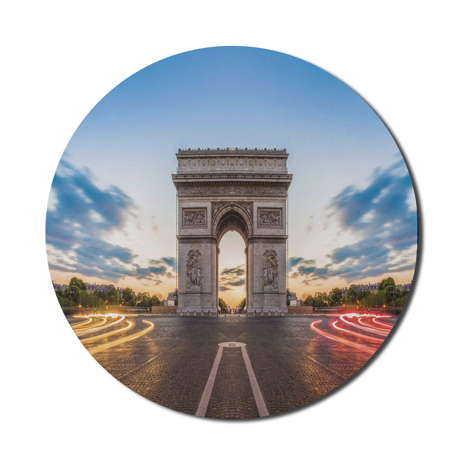 Ambesonne European Mouse Pad for Computers - Paris Champs Elysees Avenue Historical Monument French Culture Panorama Design, Non-Slip Thick Rubber Gaming Mousepad, 8 Inch Round, Multicolor - Perfect for Office, Home & Gaming Setup