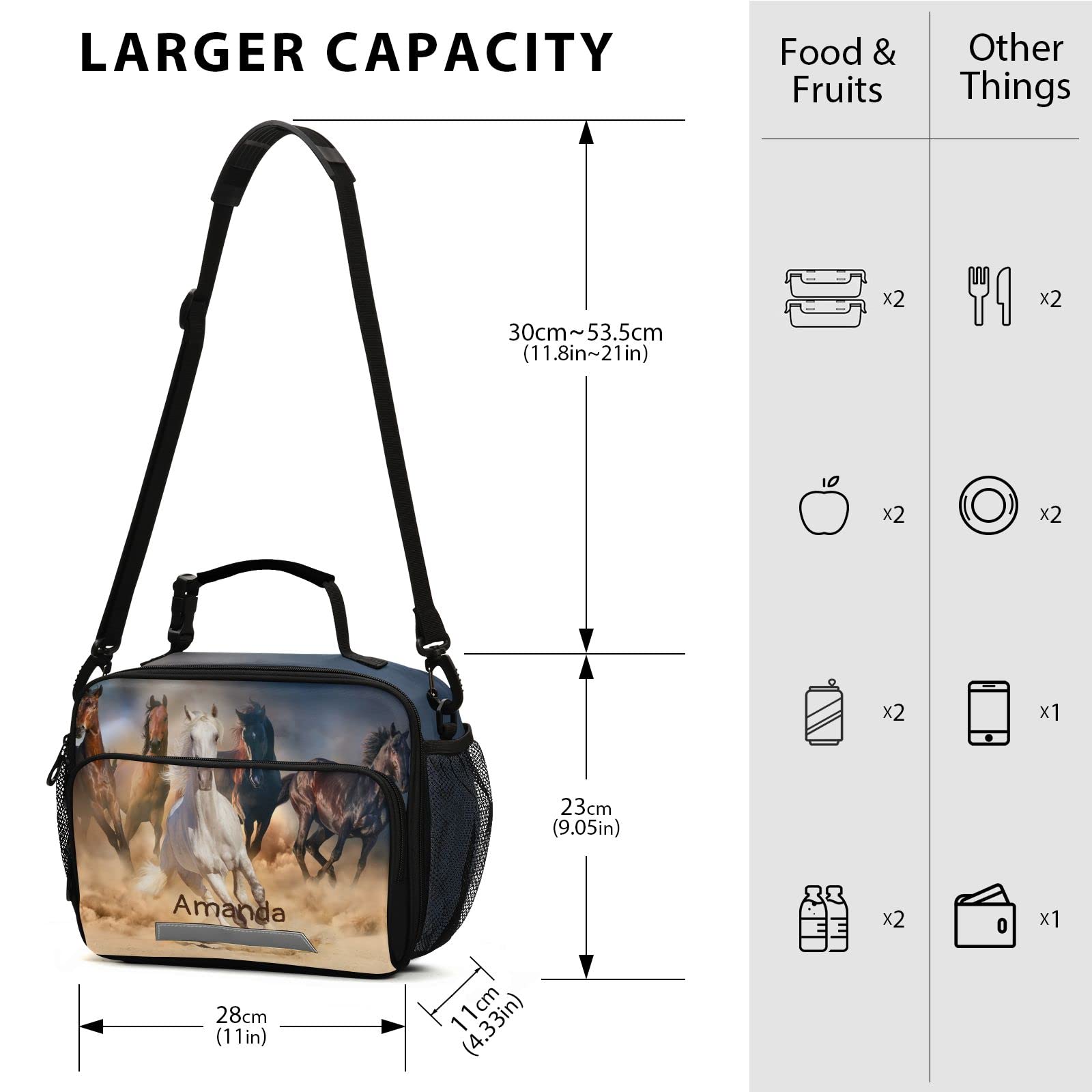 Personalized Horse Lunch Box with Name - Insulated Cooler Bag for Kids, Girls & Boys - Reusable Animal Print Lunch Tote & Shoulder Bag for School, Work, Picnic & Outdoor Activities