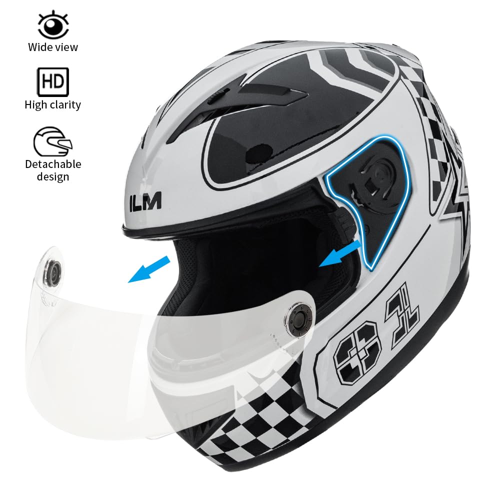 **ILM Full Face Youth Kids Motorcycle Helmet - DOT Certified (Model DP808) for ATV, Dirt Bike & Street Bike - Check Flag Black, Large - Perfect for Off-Roading & Urban Riding**