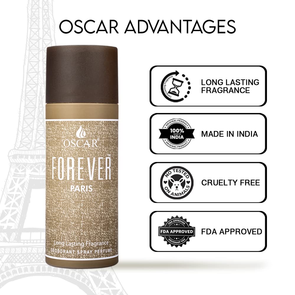 Oscar Forever Paris Grey Unisex Body Deodorant Perfume Spray - 150ml Long Lasting Woody Fragrance for Men & Women | Perfect for Daily Use, Gym, Office & Special Occasions
