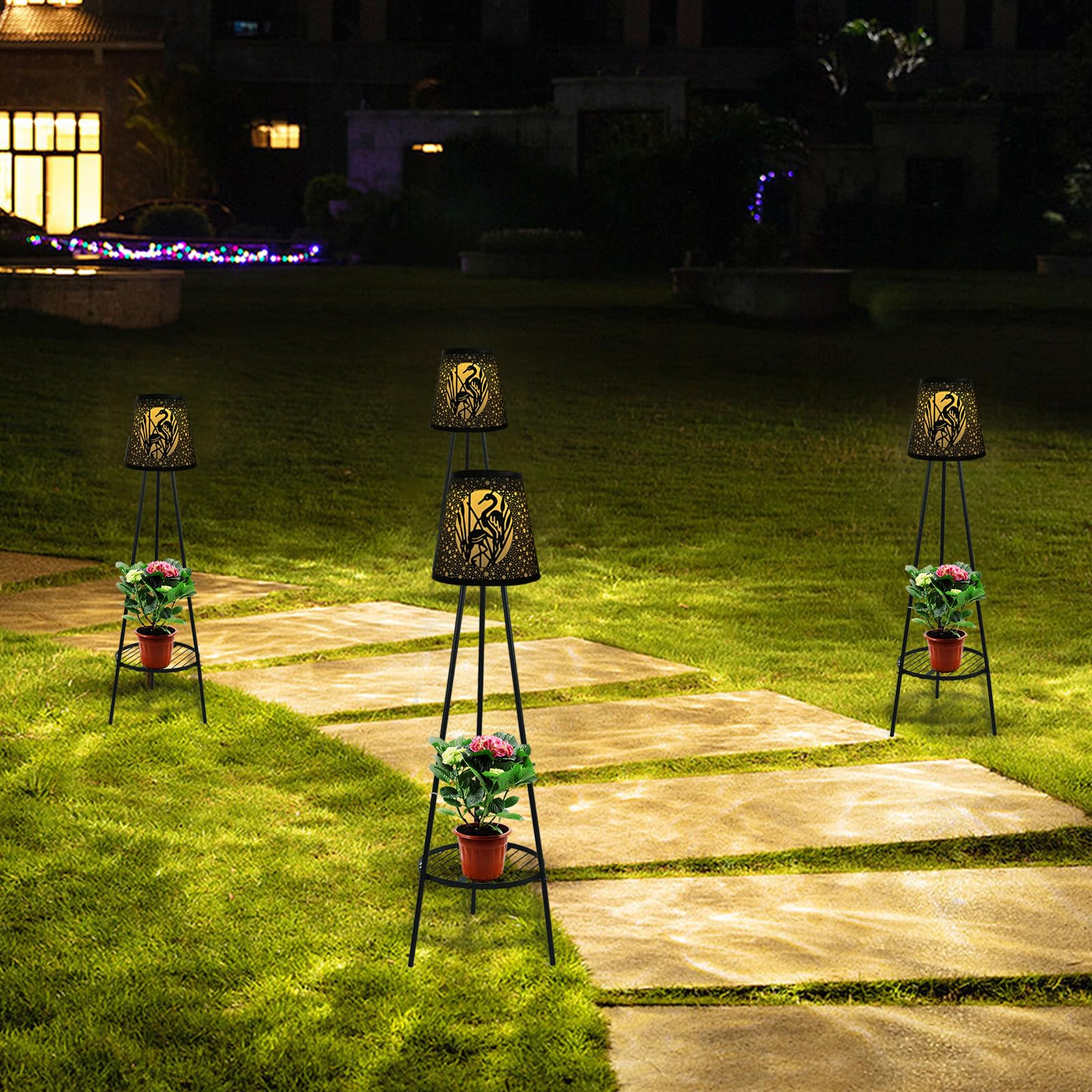 EYZH 2 Pack Solar Floor Lamp Lights with Metal Plant Stand - Outdoor LED Lantern for Yard, Porch, Deck & Backyard Decoration | Flamingo Design, Weatherproof & Solar Powered for Patio, Garden & Pathway Lighting