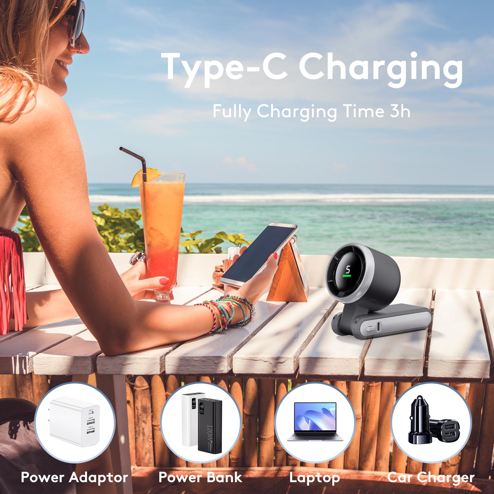 Portable Handheld Mini Fan - Foldable Turbo Fan with 9000mAh Battery & 50000RPM Speed, USB Rechargeable Personal Fan with 5 Speed Settings & Digital Display for Women, Men - Perfect for Travel, Camping, Outdoor Activities, Office & Home Use