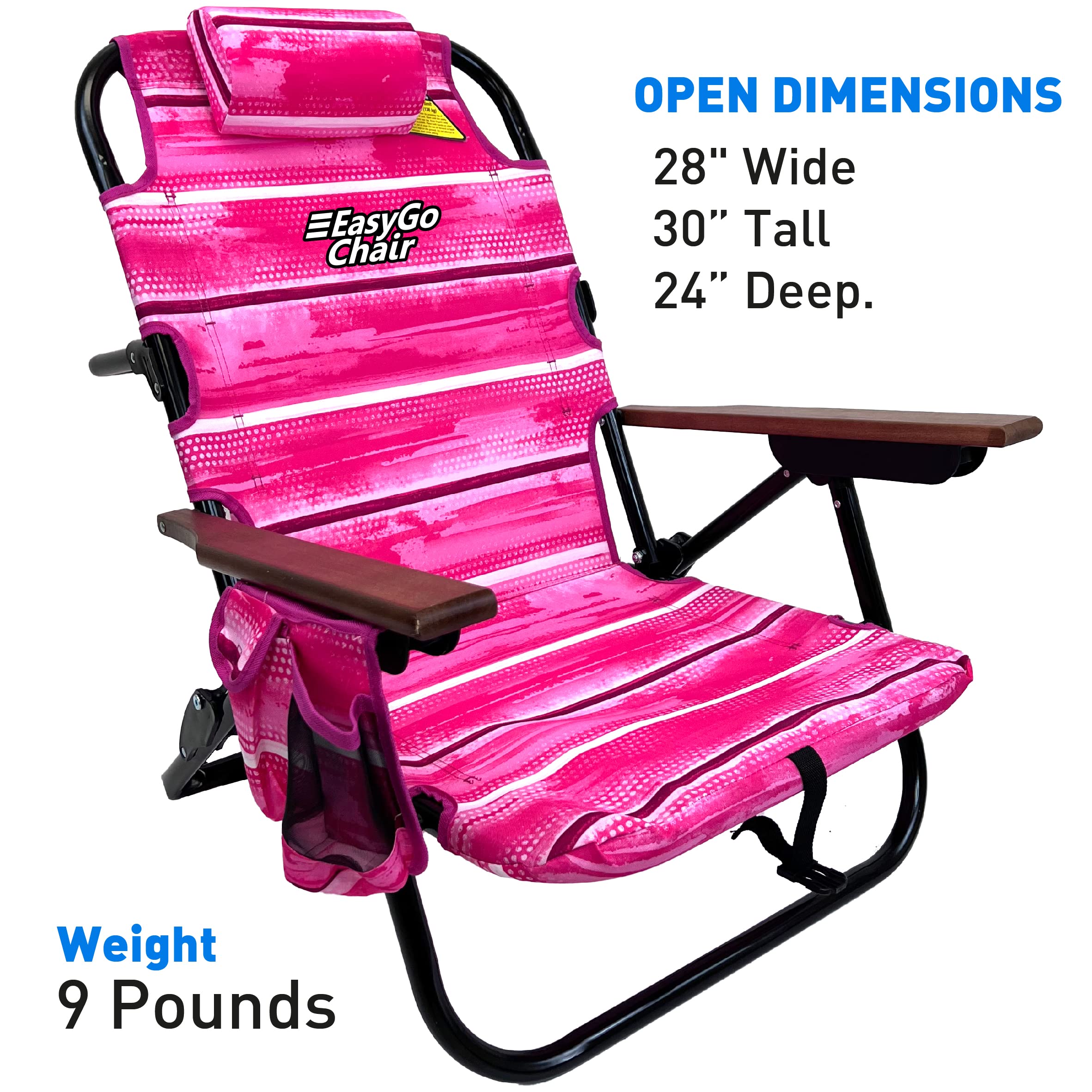 5-Position Adjustable Beach Chair with Cup Holder & Storage Pouch - Lightweight Rustproof Aluminum Frame & Padded Pillow - Perfect for Beach, Camping, Backyard & Outdoor Relaxation (2 Pack, Pink Stripes)