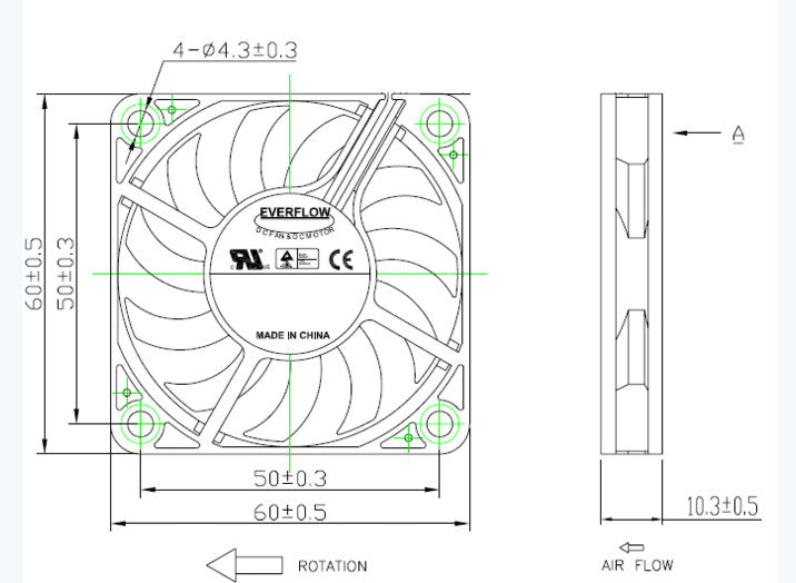 Everflow 60x60x10mm Medium Speed 12V DC 3-Wire 3-Pin Cooling Fan R126010BM - Perfect for PC Cooling, Electronics, and DIY Projects