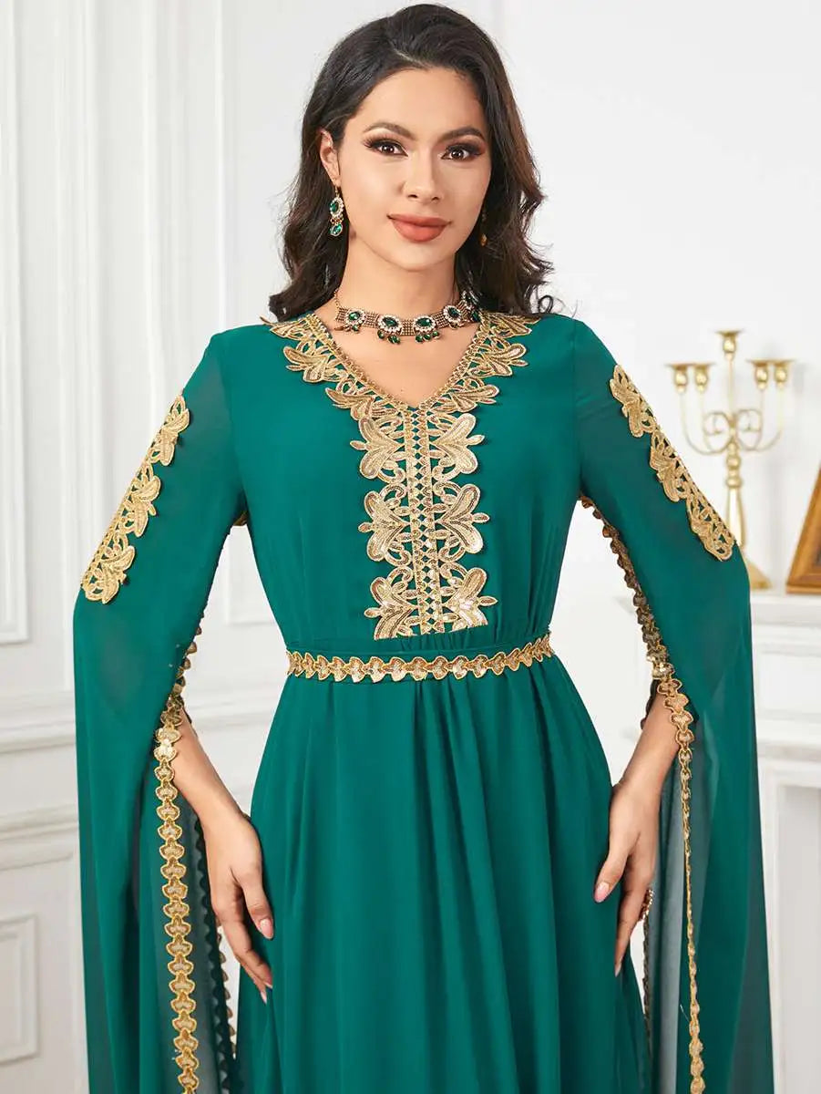Elegant Eid Arab Caftan Dress with Flowy Chiffon Fabric and Raglan Sleeves - Perfect for Eid Celebrations, Weddings & Special Occasions