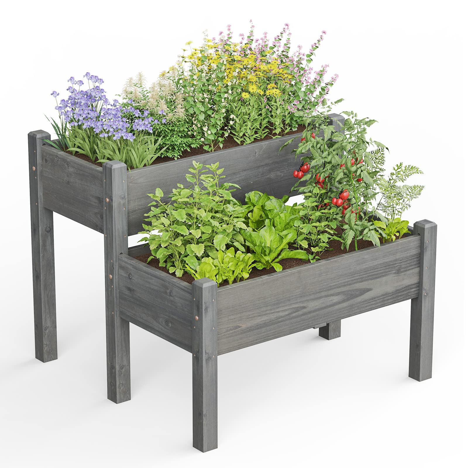 Giantex Set of 2 Raised Garden Beds - Elevated Wood Planter Box Kit for Flowers, Vegetables, Fruits & Herbs - Outdoor Planting Container for Patio, Balcony, Yard (Gray) - Perfect for Small Space Gardening & Urban Farming
