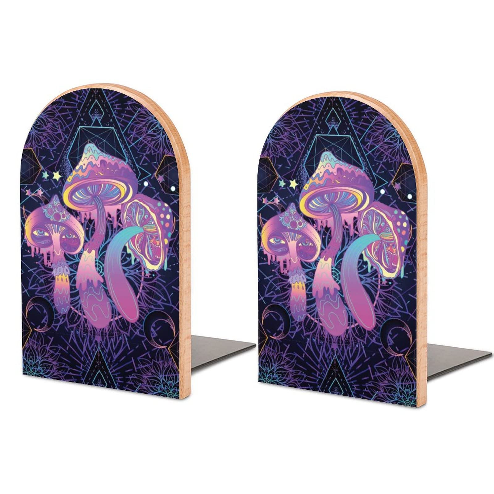 Psychedelic Art Wood Bookends - Magic Mushroom Design Non-Slip Office Decor for Books, Files & Magazines | Perfect for Home Office, Library & Bookshelf Organization