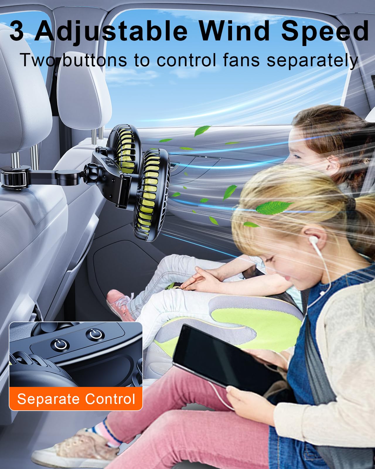 Rechargeable 360° Rotatable Car Backseat Fan with USB C Cable & Car Charger - Portable Battery Operated Cooling Fan for Kids in SUV, RV, and Vehicles - Perfect for Road Trips, Camping, and Hot Summer Days