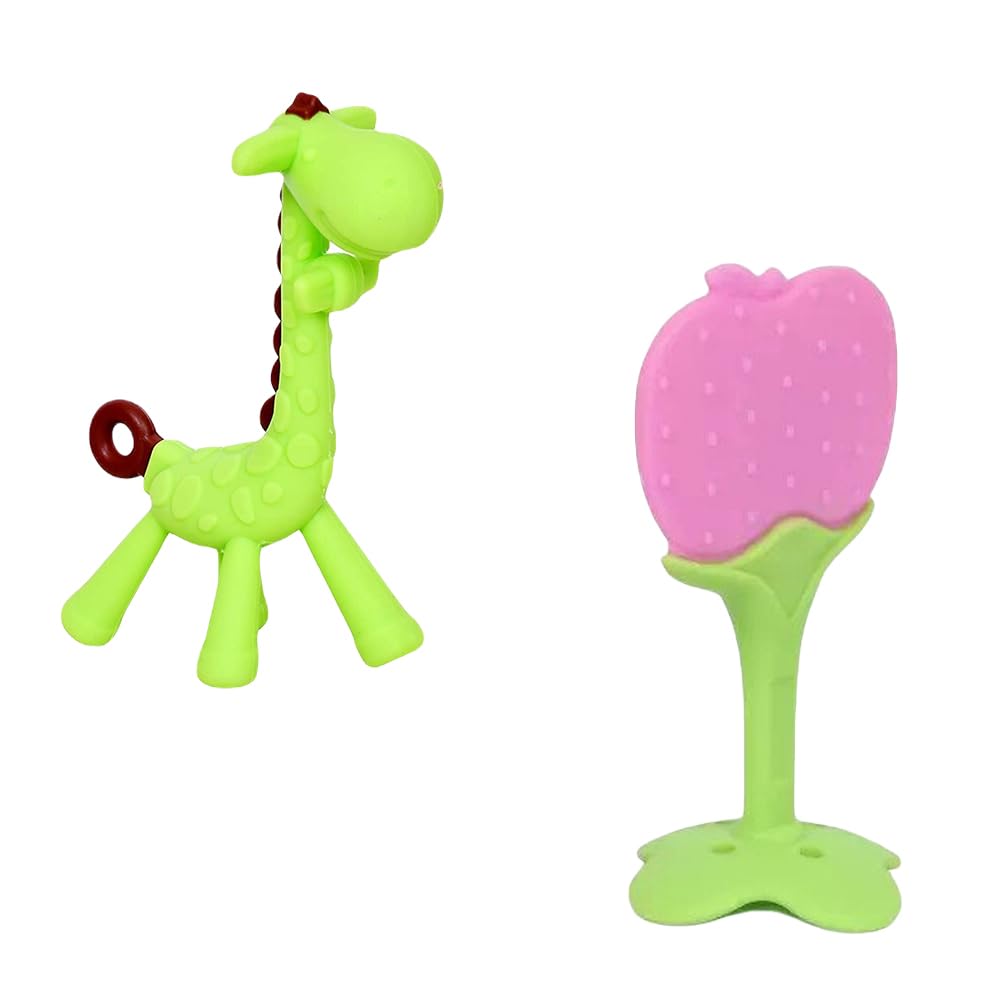 Kritiu Giraffe Shape Teether & Teether Combo - BPA-Free Silicone Teething Toys for Babies 0-12 Months | Safe & Fun Gum Massagers for Soothing Sore Gums | Perfect Baby Shower Gift (Green & Pink) | Use at Home, Daycare or On-the-Go