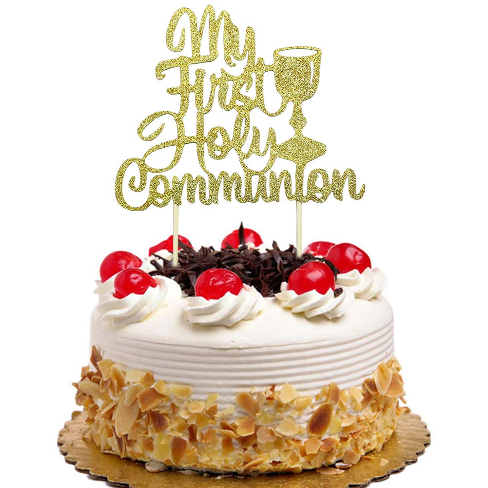 First Holy Communion Cake Topper - Gold Glitter Religious Decor for Kids Birthday, Baby Shower, Wedding, Baptism & Christening Parties - Perfect for Church Celebrations & Special Occasions