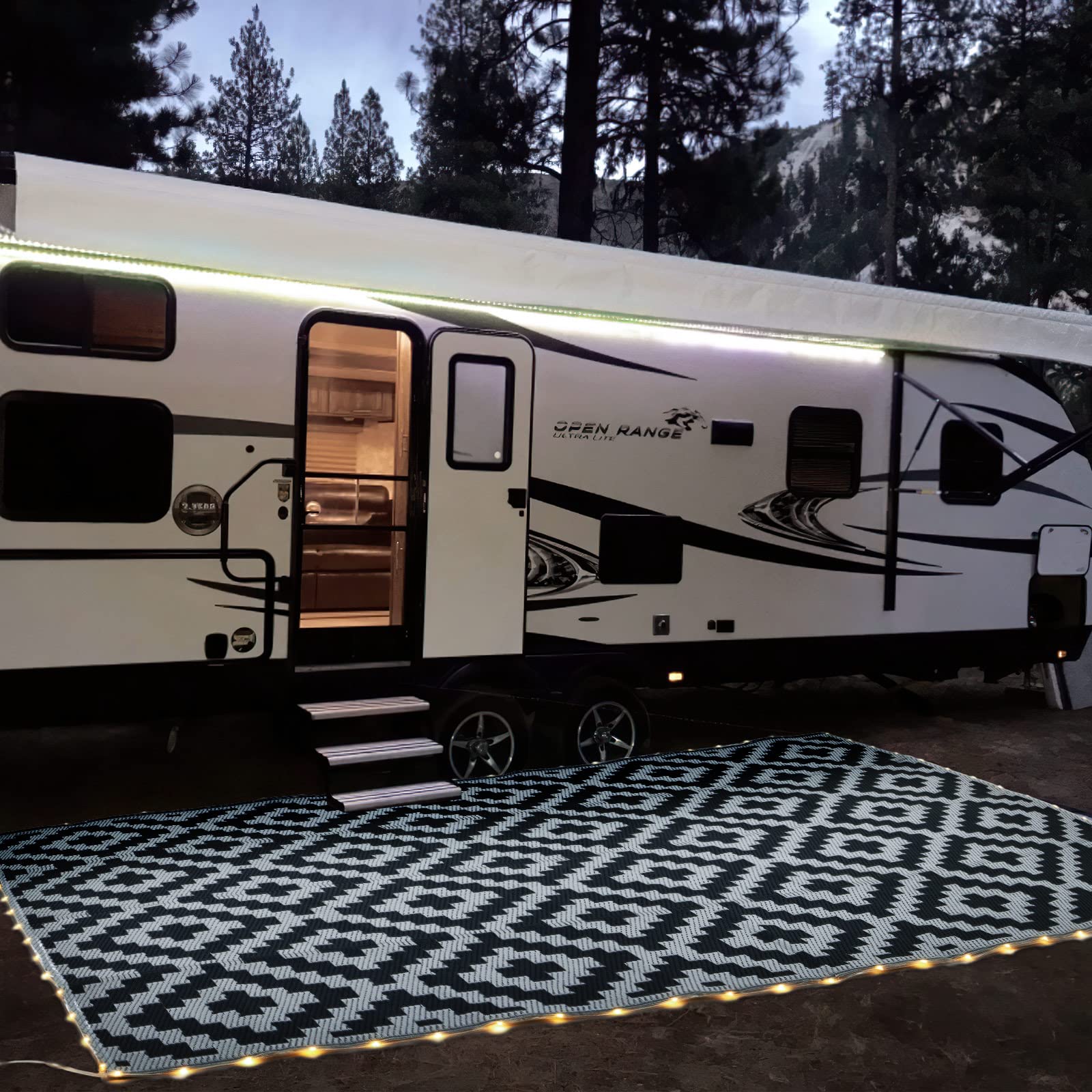 URBEST Reversible Waterproof Outdoor Camping Mat - 9x12 Feet Black & White RV Deck Porch Rug with LED Illumination | Perfect for Camping, Patio, RV & Outdoor Gatherings