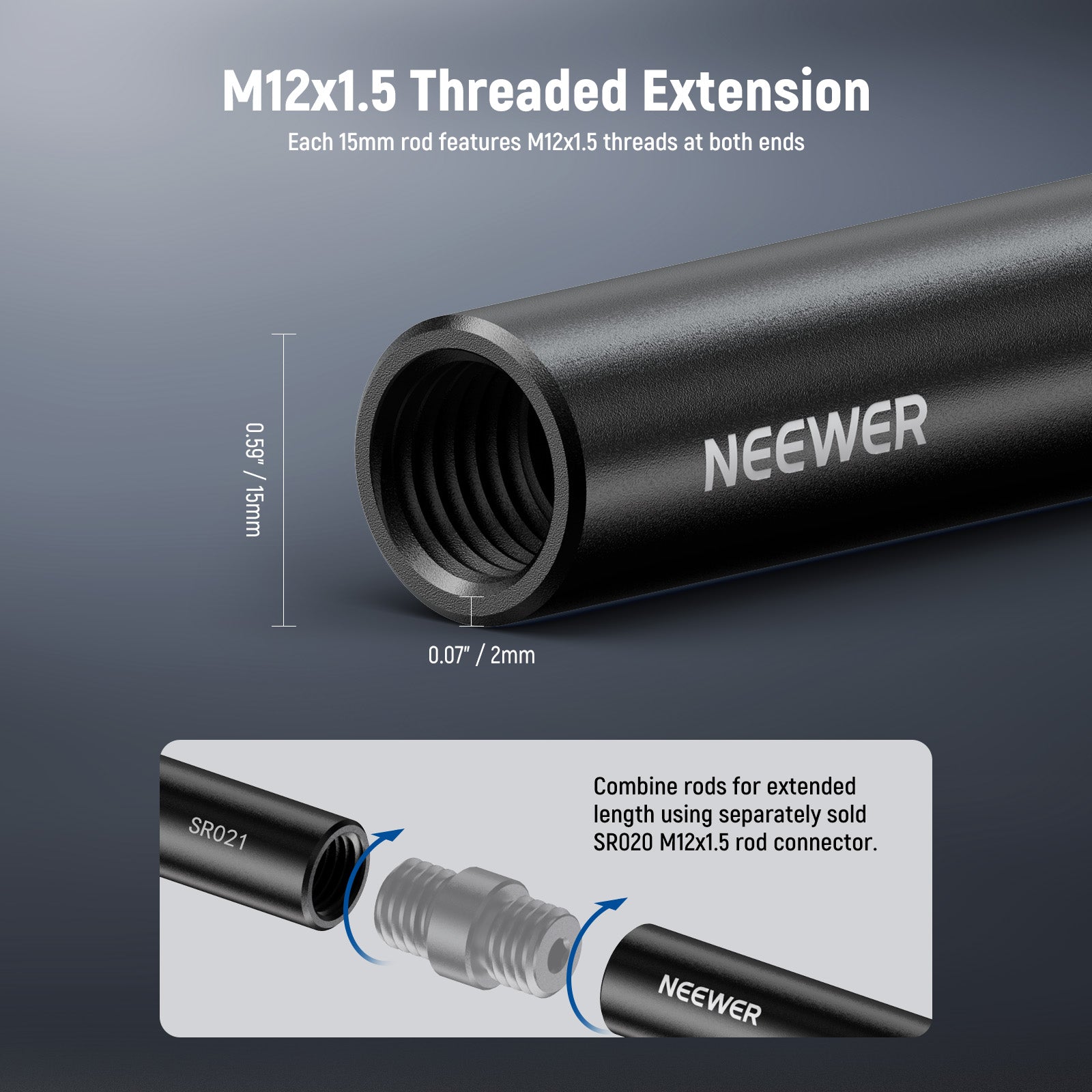 NEEWER SR021 2 Pack 15mm Aluminum Alloy Extendable Rod for DSLR Camera Rig - Perfect for Filmmaking, Vlogging, and Photography Accessories