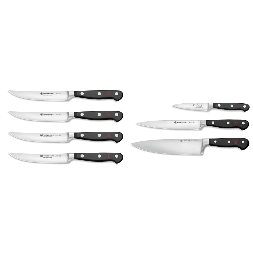 Premium Wüsthof Classic 4-Piece Steak Knife Set & 3-Piece Chef's Knife Set - German Stainless Steel Cutlery for Professional Cooking and Fine Dining at Home