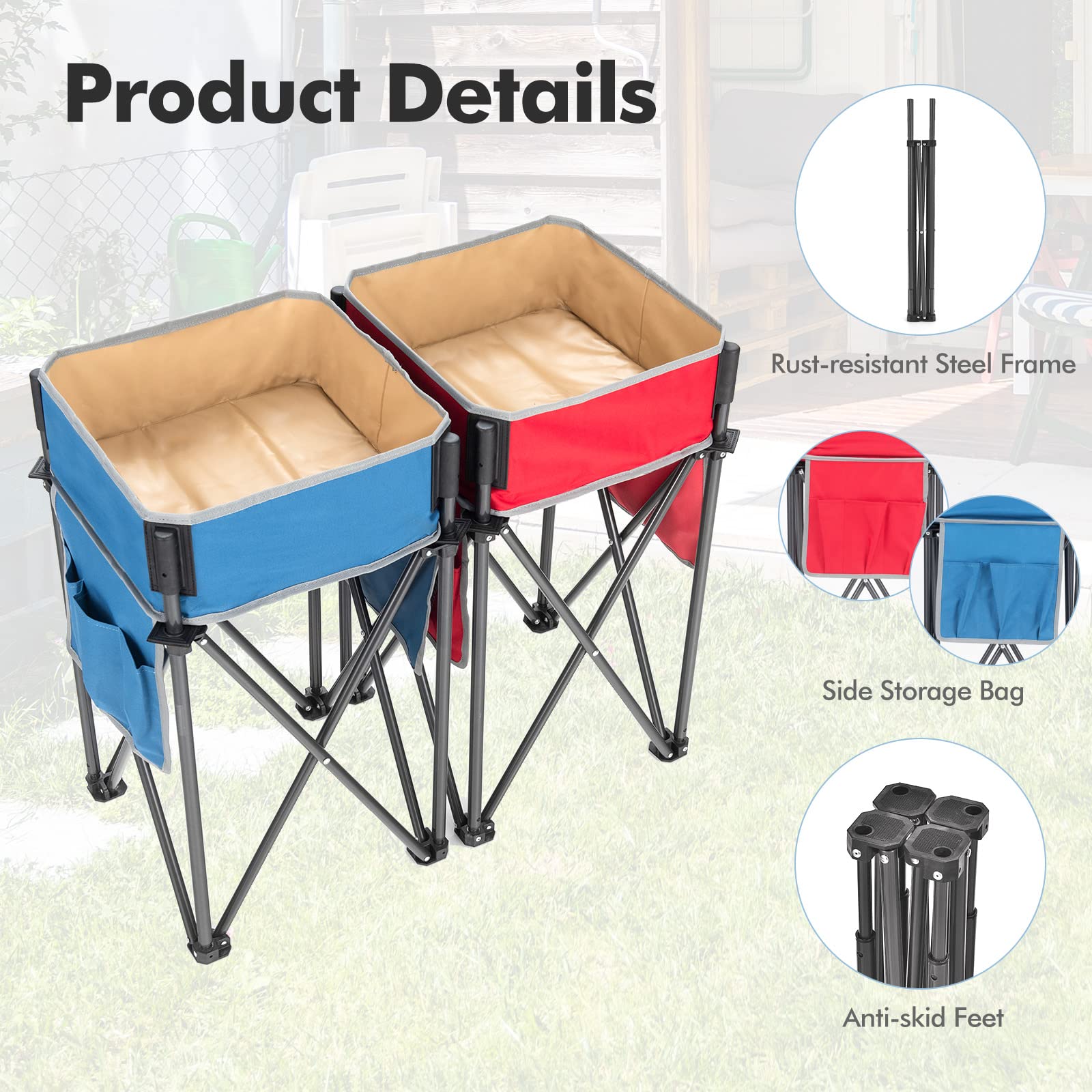 Goplus 2-Pack Folding Camping Tables - Portable Picnic Tables with Large Storage Sink, Side Pockets & Anti-Skid Feet - Lightweight Outdoor Tables for Hiking, Fishing, BBQ, Beach, Tailgating & Backyard Parties (Blue + Red)