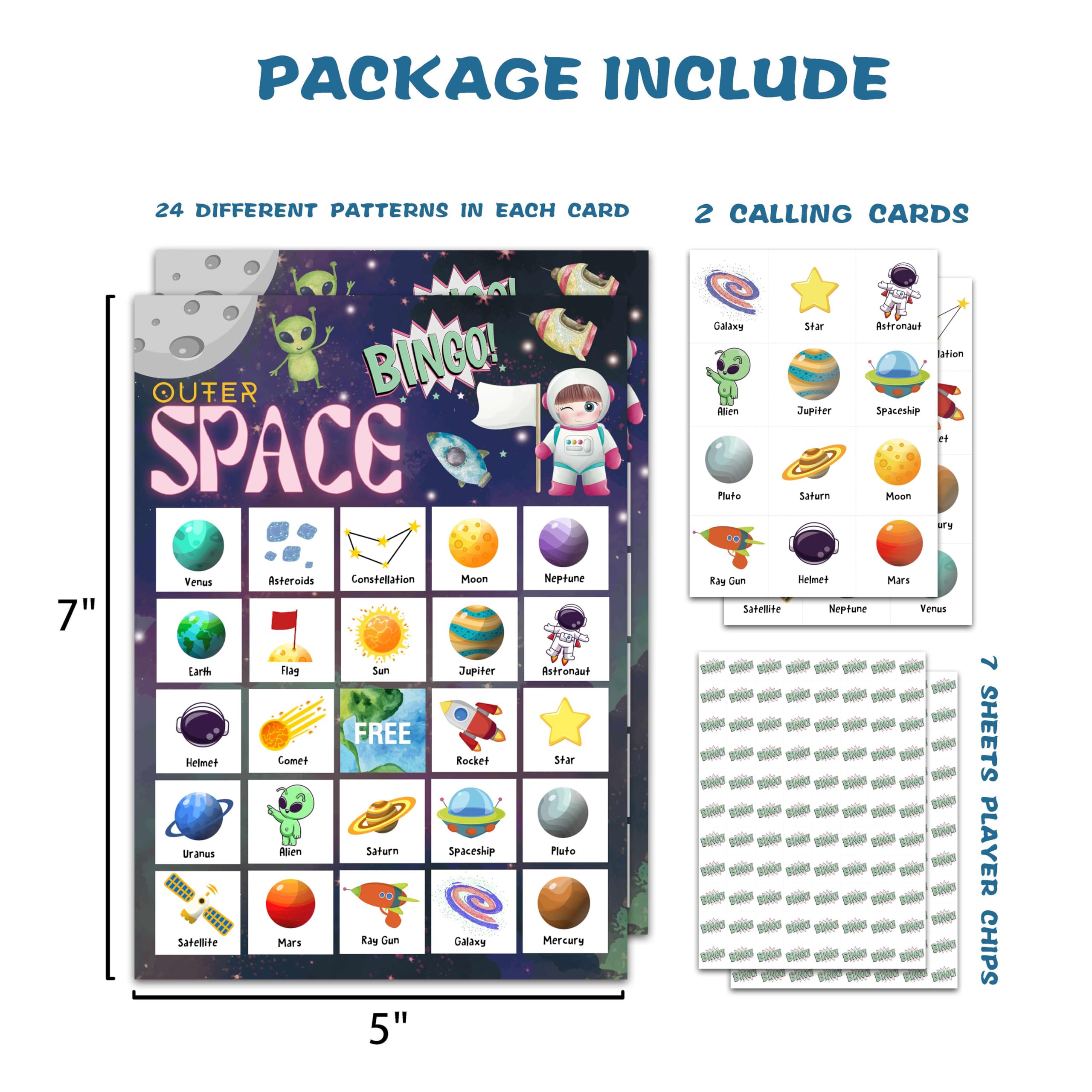 Outer Space Bingo Card Game Set for 24 Players - Fun Family Party Game for Adults & Kids, Perfect for Space Themed Birthday Parties, Classroom Activities & Group Events - Includes Bingo Cards, Markers & Space Decorations