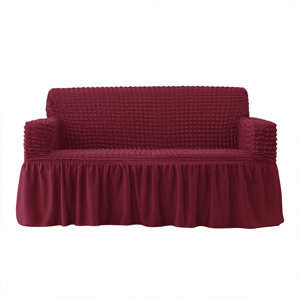 Stretchable Sofa Cover for 2-Seater Loveseat (145-185cm) - Universal Fit, Durable Furniture Protector with Skirt, Country Style in Wine Red - Perfect for Living Room, Family Room, and Home Decor Protection