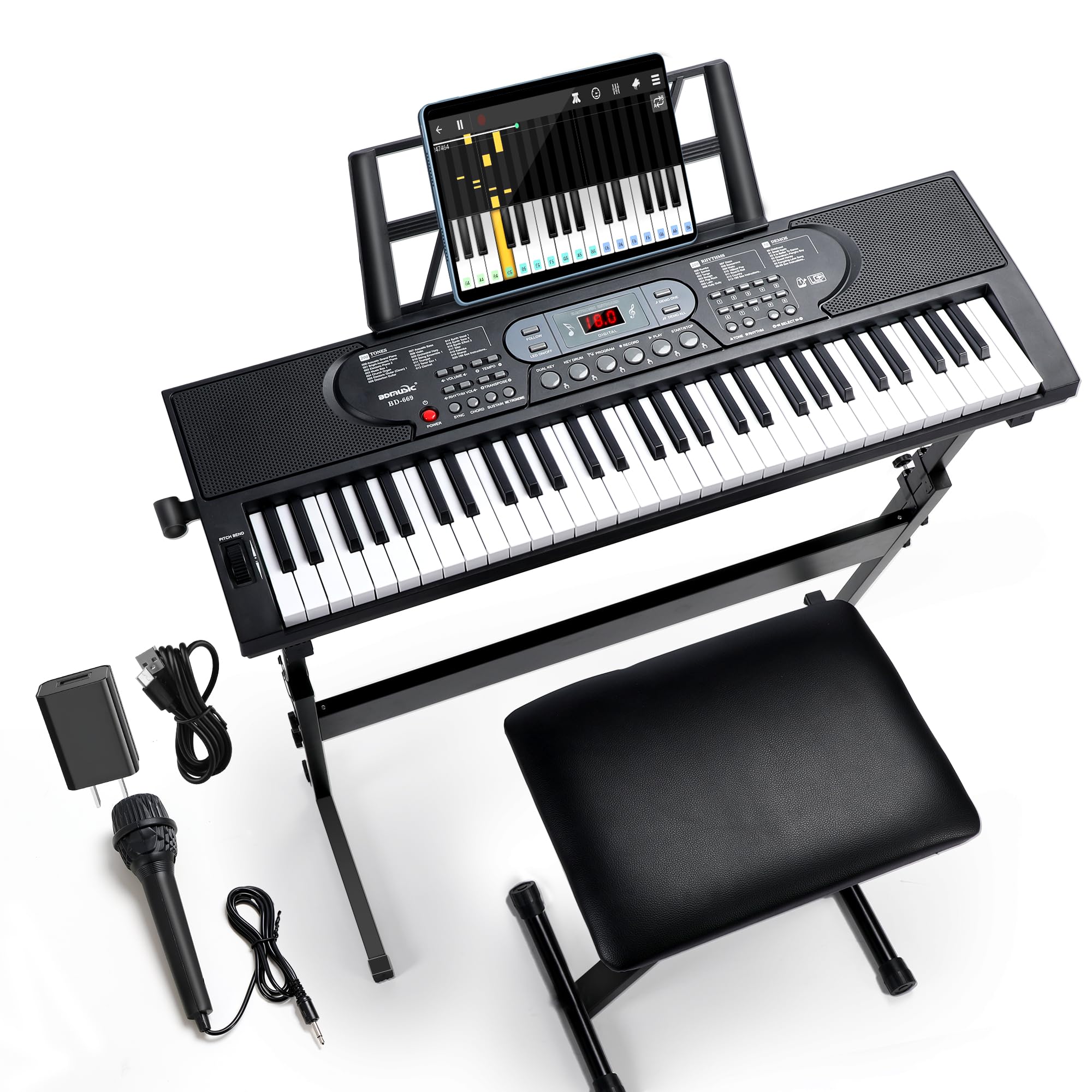 61-Key Electric Digital Piano Keyboard Set with Light-Up Keys, Speakers & Microphone - Foldable Stand & Bench Included - Perfect for Beginners Learning Piano at Home, School or Studio