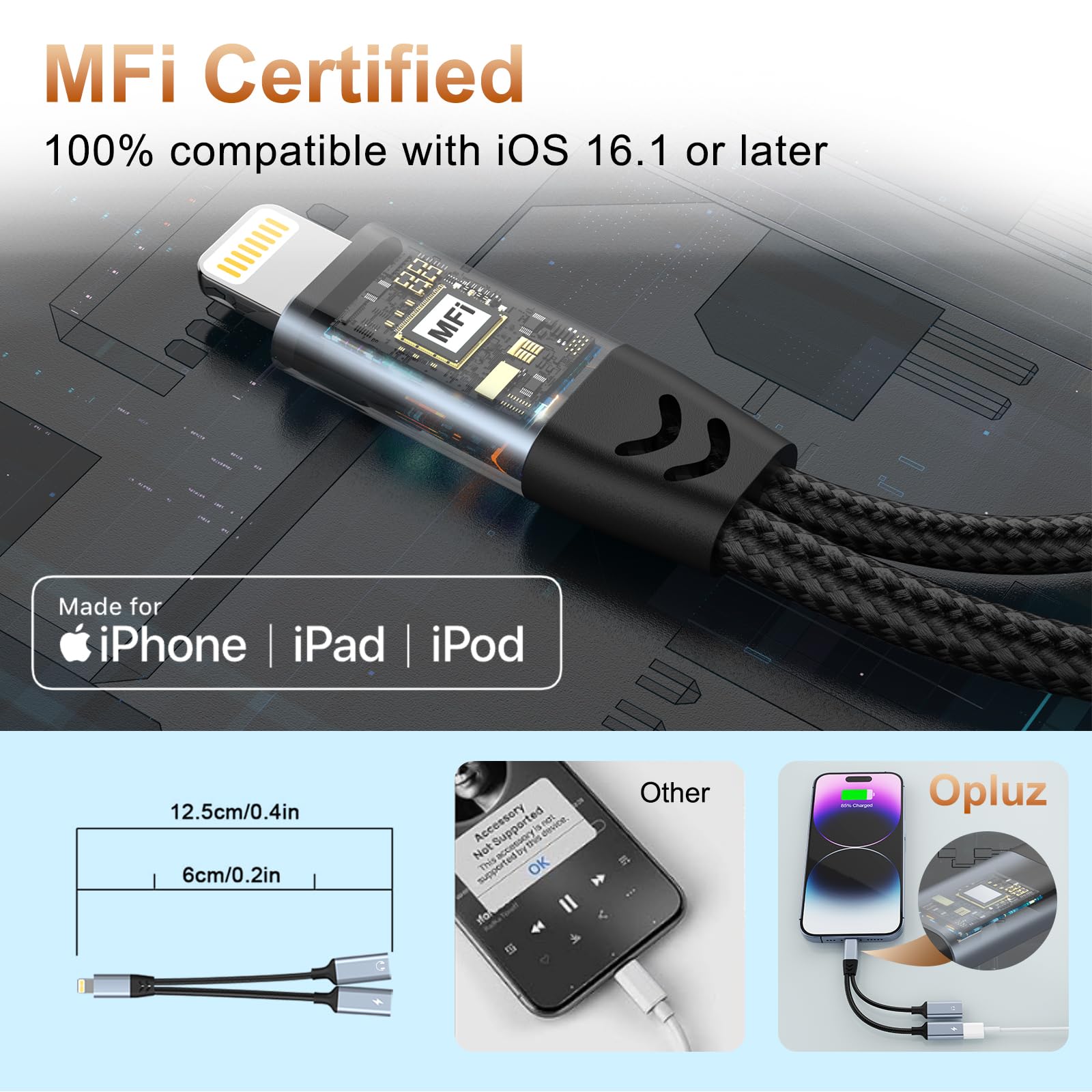 iPhone Lightning Splitter Adapter - Dual Charging & Audio Port for iPhone 14/13/12/11/X/8/7/6 & iPad | 2-in-1 Charger & Headphone Dongle | Perfect for Gaming, Music & Charging Simultaneously