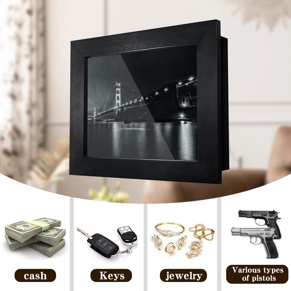 Hidden Gun Storage Safe - Concealed Pistol Safe with Secret Decor Solid Wood Picture Frame Box (Black) - Perfect for Home, Office & Vehicle Security