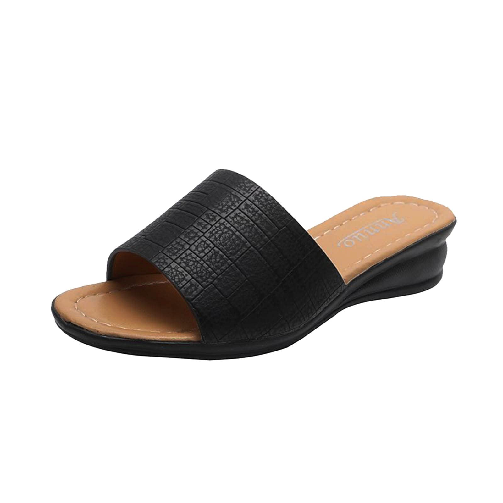 Women's Black Leather Wedge Sandals - Fashionable Slope Heel Beach & Surface Slippers - Perfect for Summer Outings, Vacations, and Casual Wear