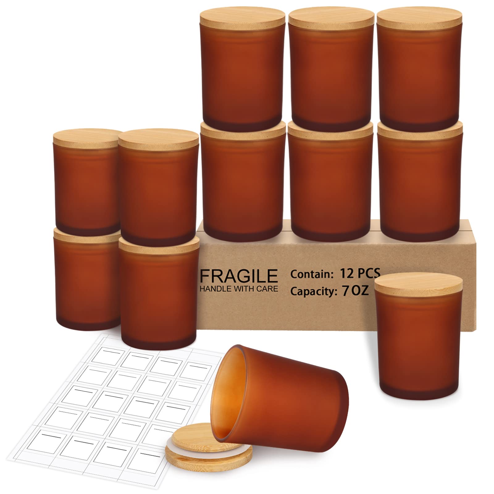 ABK 7oz Glass Candle Jars 12-Pack with Bamboo Lids & 20 Blank Labels - Brown Empty Candle Making Jars for DIY Candles, Spice Storage, Powder Containers - Perfect for Home Decor, Gift Packaging & Craft Projects