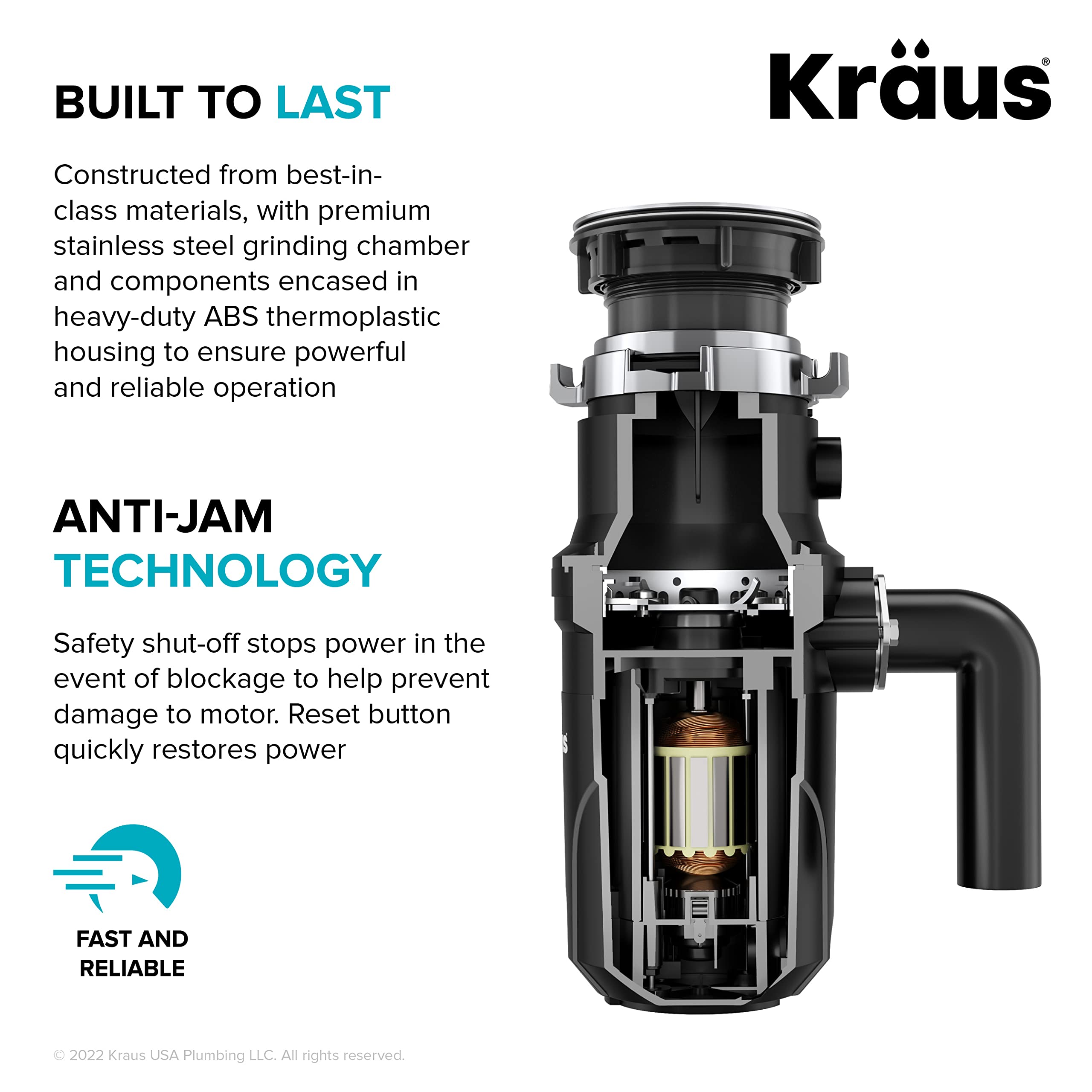 KRAUS WasteGuard 1/3 HP Continuous Feed Ultra-Quiet Garbage Disposal with Quick Connect Mount - Includes Power Cord & Flange (KWD100-33MBL) - Perfect for Kitchen Sink Waste Disposal & Food Scrap Recycling