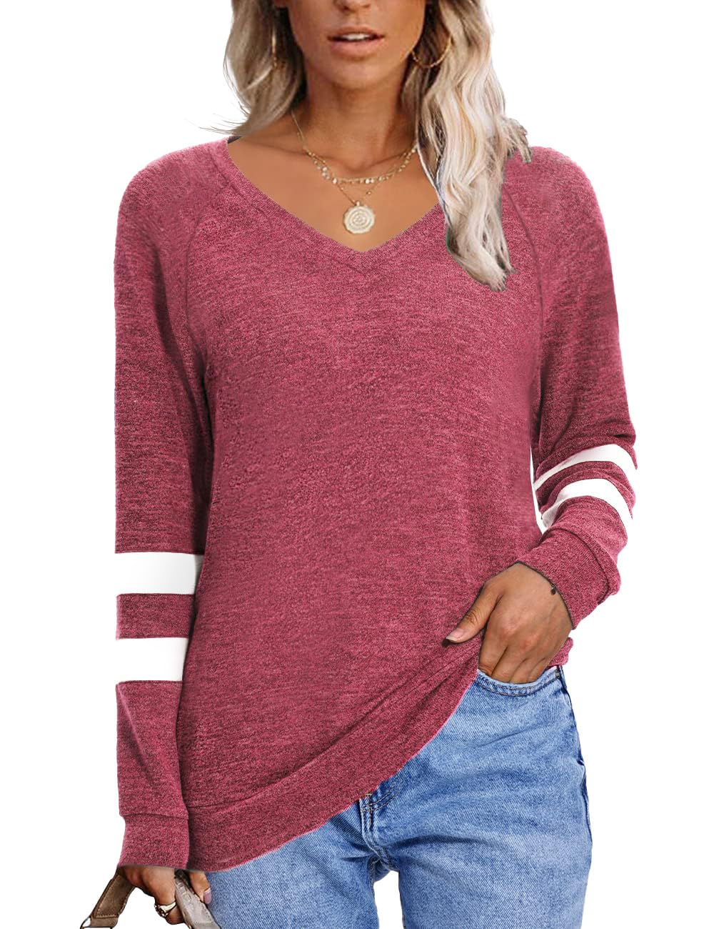 MixShe Women's Fall Fashion V-Neck Long Sleeve Sweatshirt - Trendy Casual Sweater Top for Women | Perfect for Autumn Outfits, Layering & Daily Wear