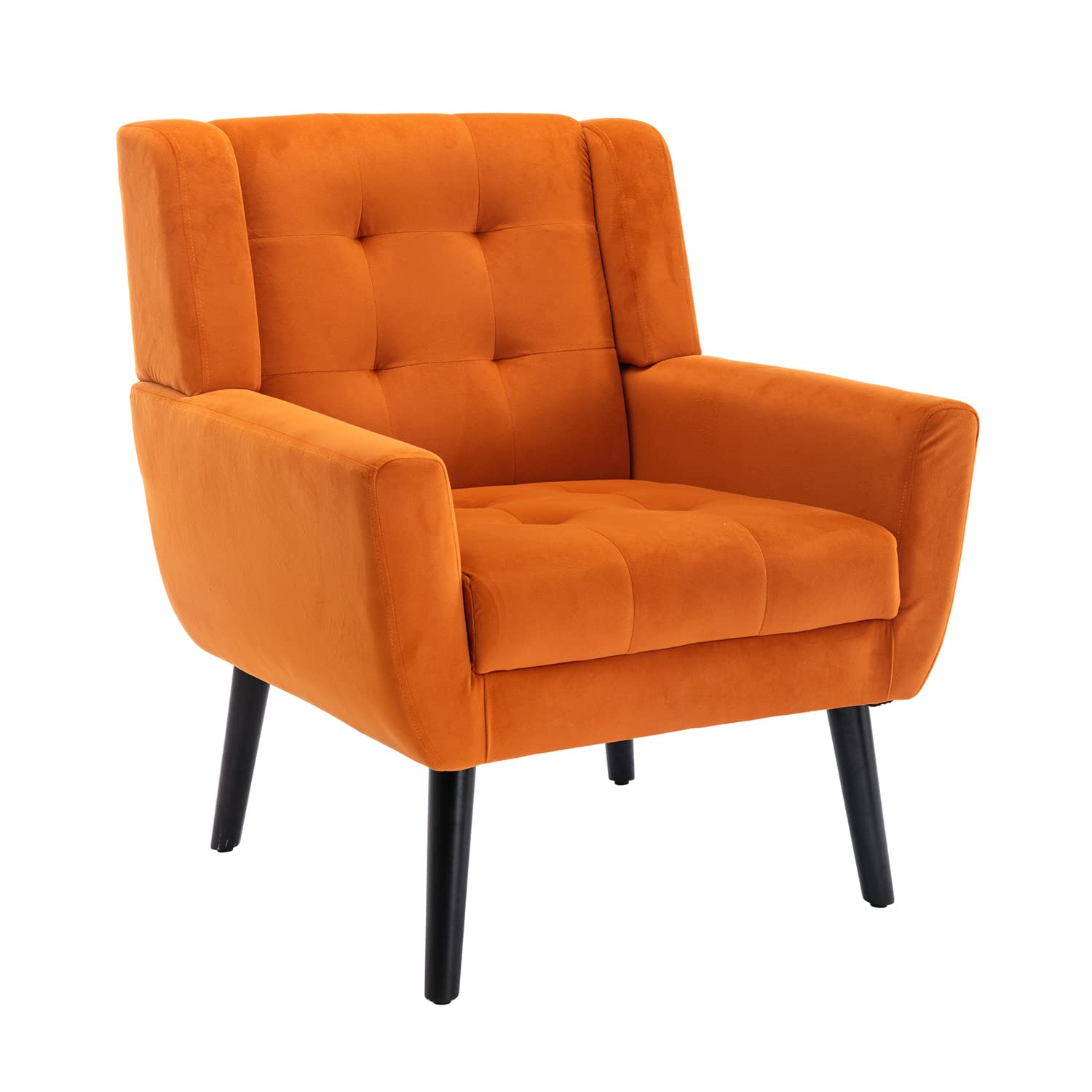 Luxury Velvet Accent Chair - Ergonomic Tufted Upholstered Armchair with Padded Cushions & Solid Wood Legs for Living Room, Bedroom - Orange Comfort Sofa for Reading Nook, Home Office, Lounge Areas