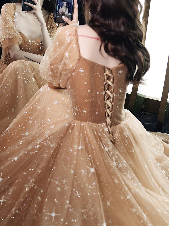 Elegant Champagne Sweetheart Tulle Lace Long Prom Dress - Formal Evening Gown for Homecoming, Wedding, Quinceañera & Special Occasions