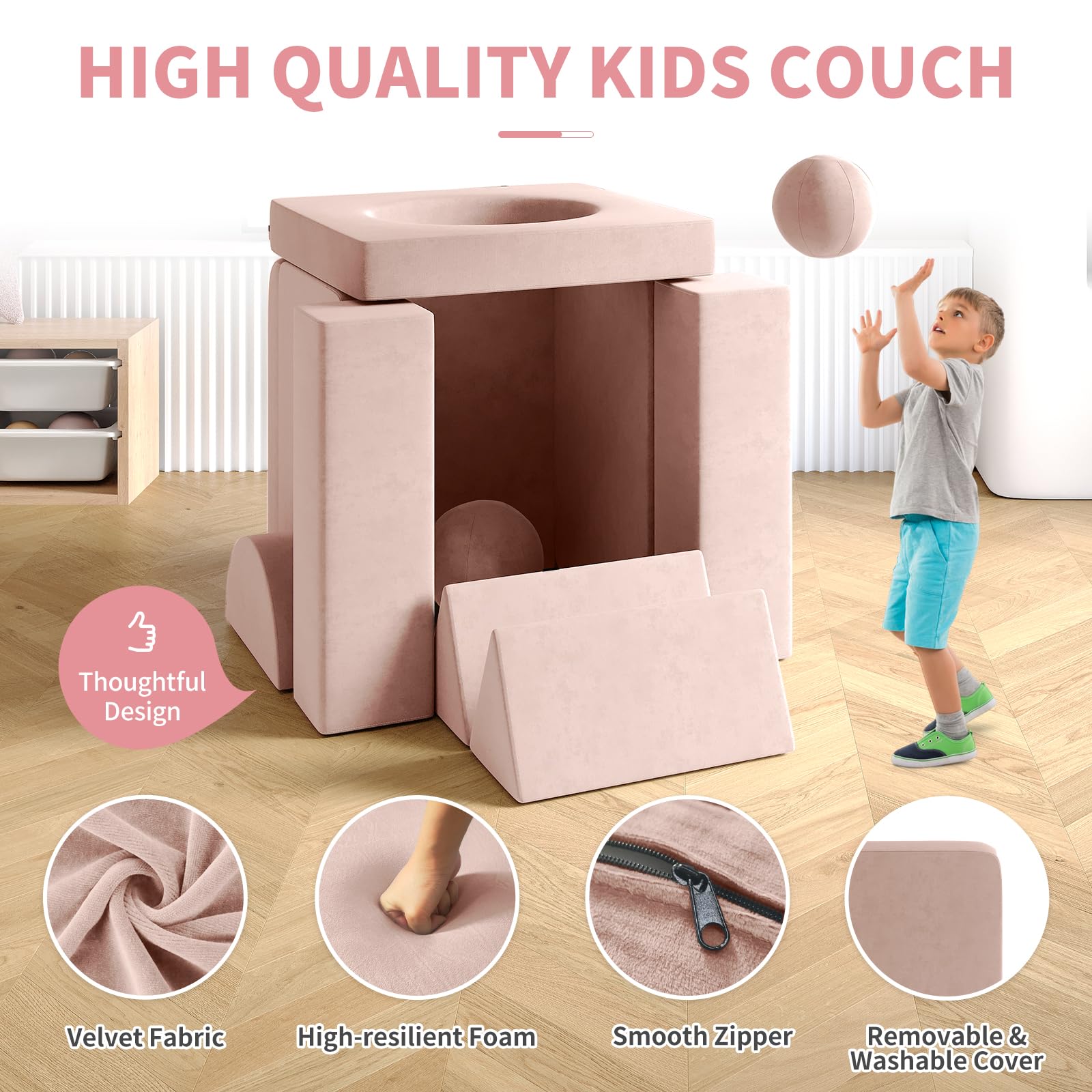 **12PCS Modular Kids Play Couch with 2 Balls & Tunnel – Foldable Toddler Sofa for Playroom, Kickball & Pitching Games – Over 30 Creative Play Ideas – Pink**    *(Perfect for Indoor Playrooms, Birthday Gifts, Daycare Centers & Family Game Nights!)*