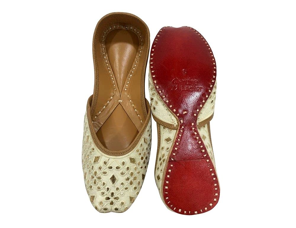 Handmade Indian Ethnic Beaded Jutti Flats for Women - Cream Bohemian Traditional Punjabi Sandals | Perfect for Weddings, Festivals & Cultural Events