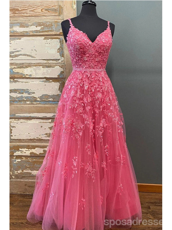Elegant Hot Pink A-Line Spaghetti Strap V-Neck Long Prom Dress for Women - Perfect for Homecoming, Formal Events & Evening Parties