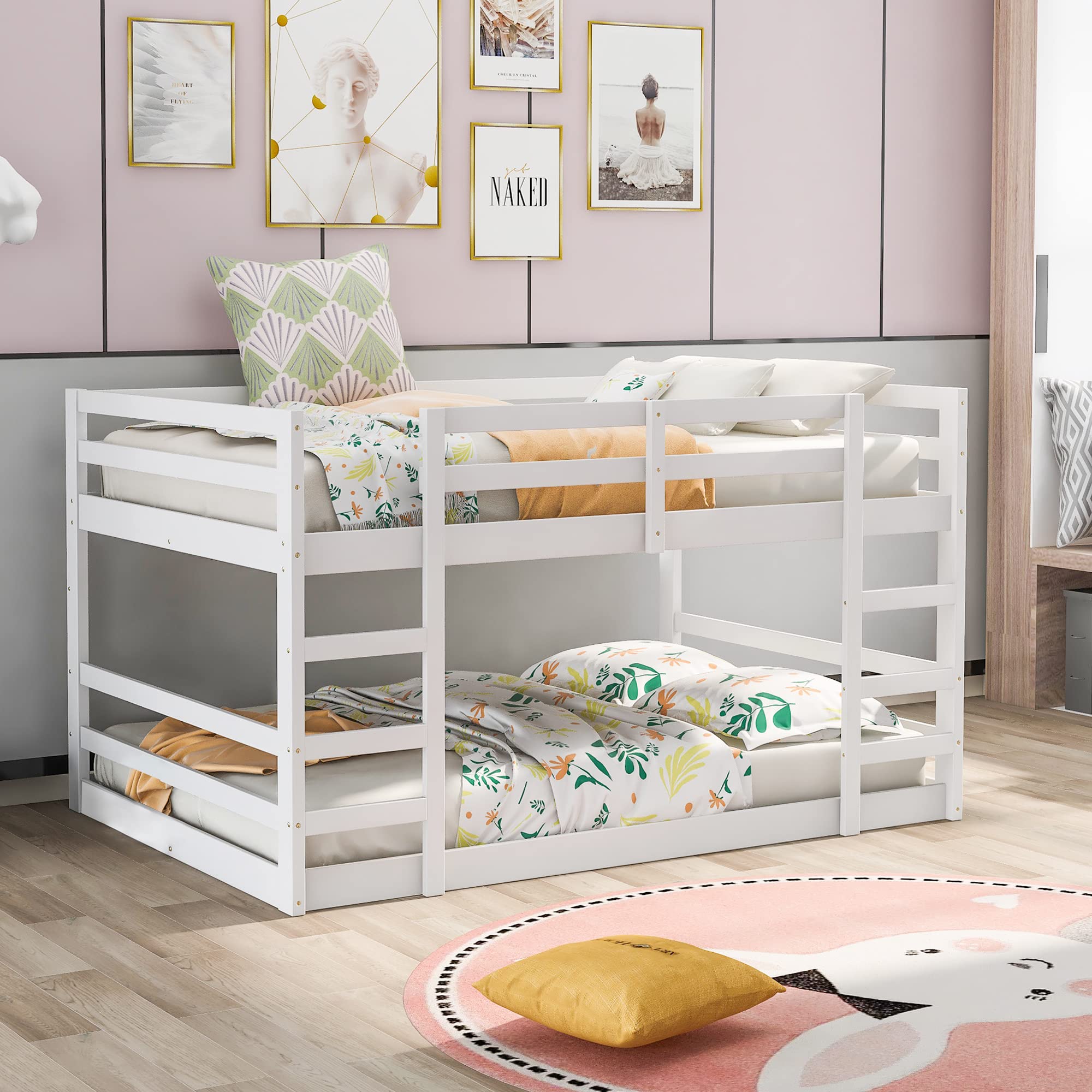 Full Size Wood Bunk Bed with Ladder & Guardrails - Safe Kids Bedroom Furniture for Siblings Sharing Room