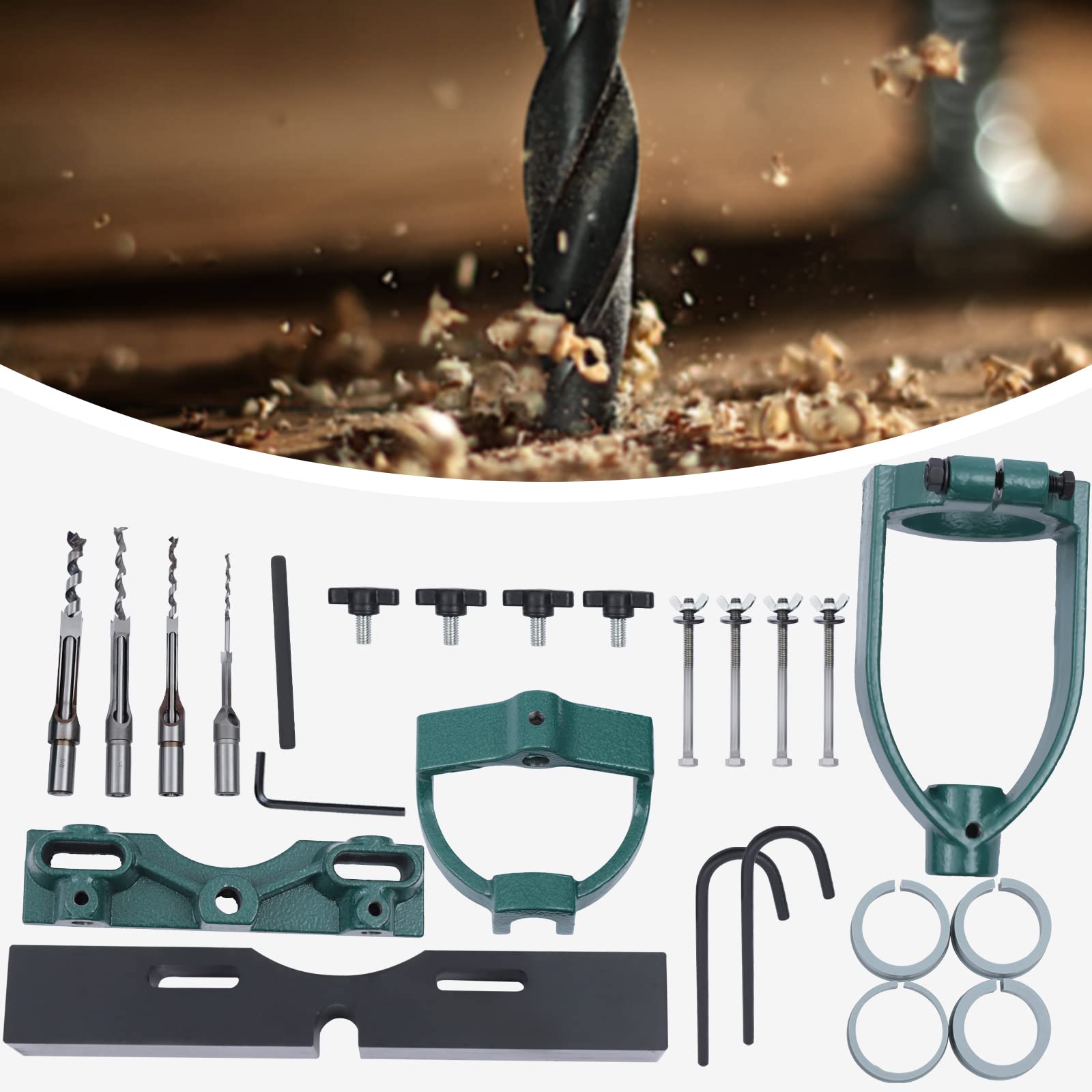 4pc Drill Press Mortising Attachment Set - Woodworking Tenon Tools, Bench Drill Locator & Square Hole Chisel for Precision Joinery | Perfect for Cabinet Making, Furniture Building & DIY Wood Projects