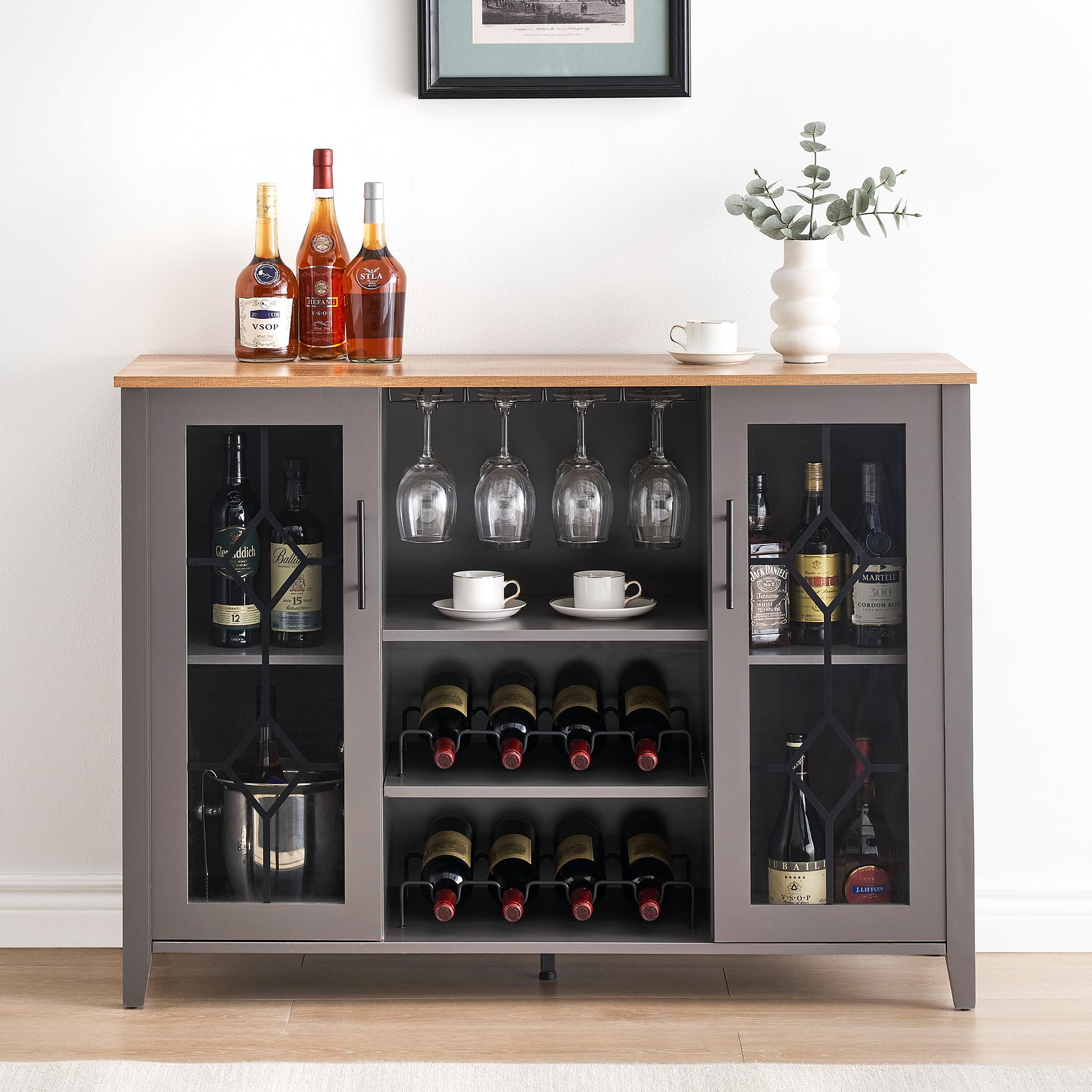 IDEALHOUSE Wine Bar Cabinet with LED Light - Modern Home Coffee Cabinet with Wine & Glass Rack, Kitchen Buffet Sideboard with Storage - Stylish Liquor Cabinet for Bar, Dining Room & Kitchen (Dark Grey) - Perfect for Entertaining, Home Decor & Small Space Storage