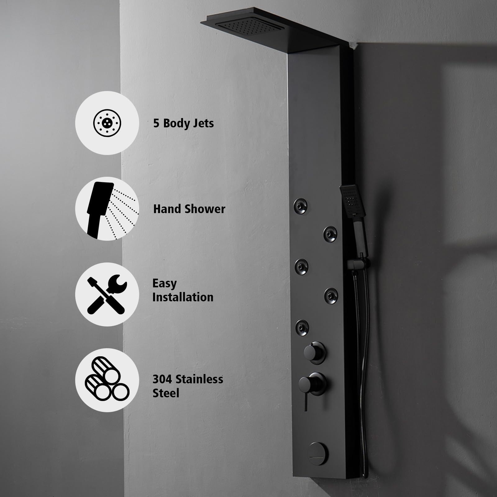 BWE 5-in-1 Stainless Steel Shower Panel System with Rainfall Shower Head, 5 Body Jets, Handheld Shower & Tub Spout - Wall Mount Black Shower Tower for Luxurious Bathroom Upgrade | Perfect for Spa-Like Experience in Master Bath or Modern Home Renovation