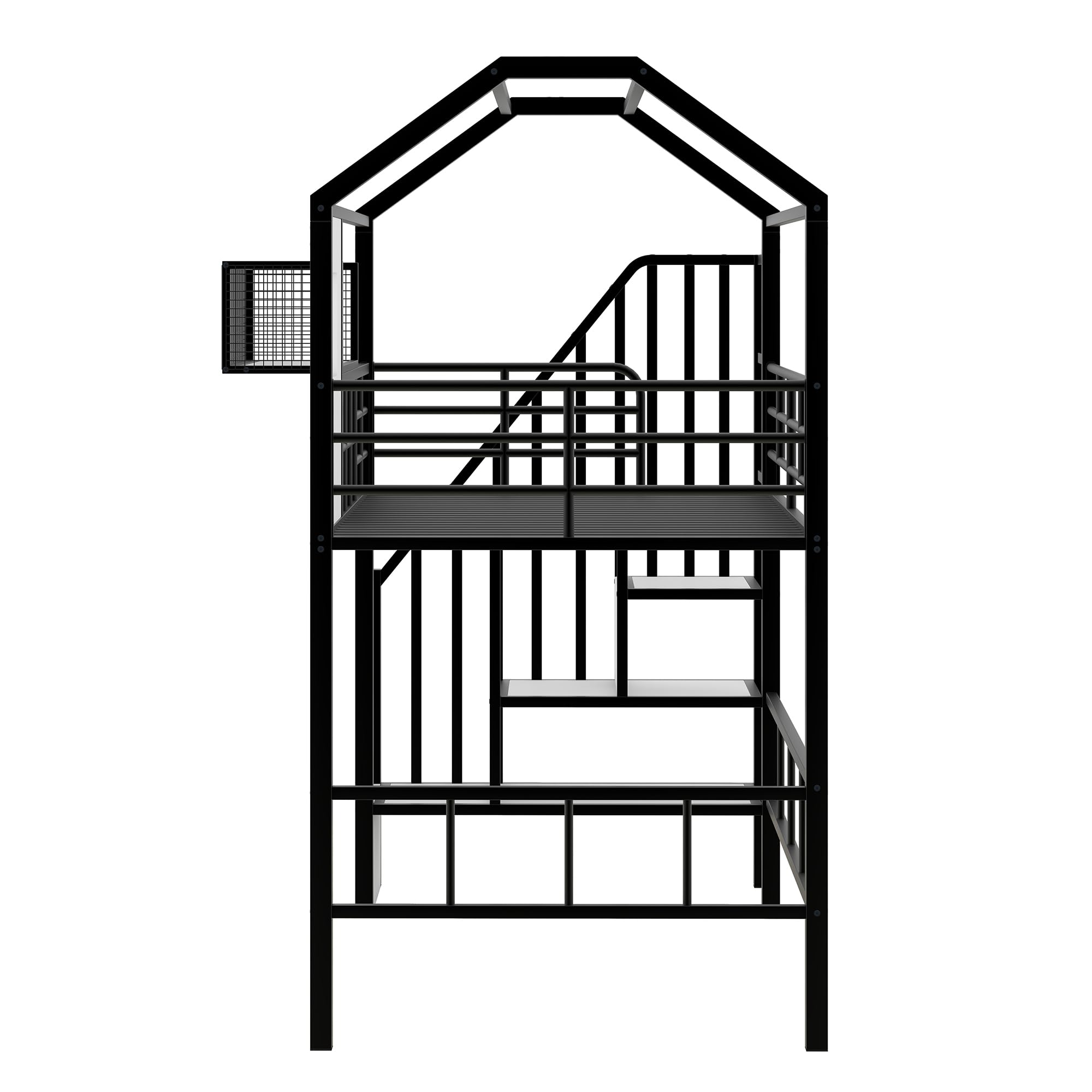 BOVZA Twin Size Metal Loft Bed with Stairs, Roof & Storage Box - Safe Kids Low Bunk Bed Frame with Guardrails for Boys & Teens - Black & White - Perfect for Small Bedrooms, Dorm Rooms & Kids' Play Areas