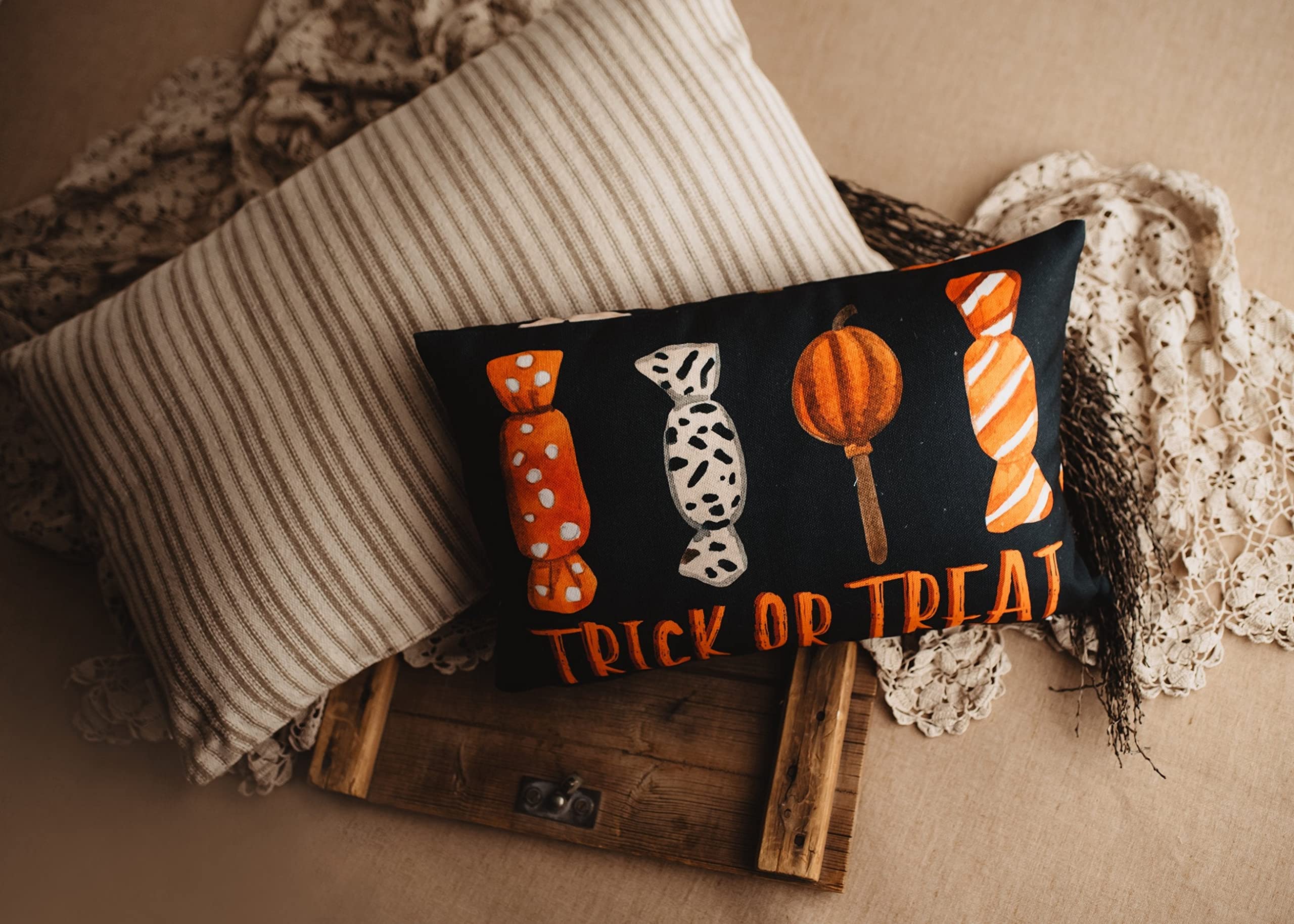 Halloween Trick or Treat Candy Pillow Cover | Spooky Fall Decor Cushion Case | Decorative Sofa & Room Pillow | Perfect Gift for Women | Cozy Home Decor for Halloween Parties & Autumn Living Rooms