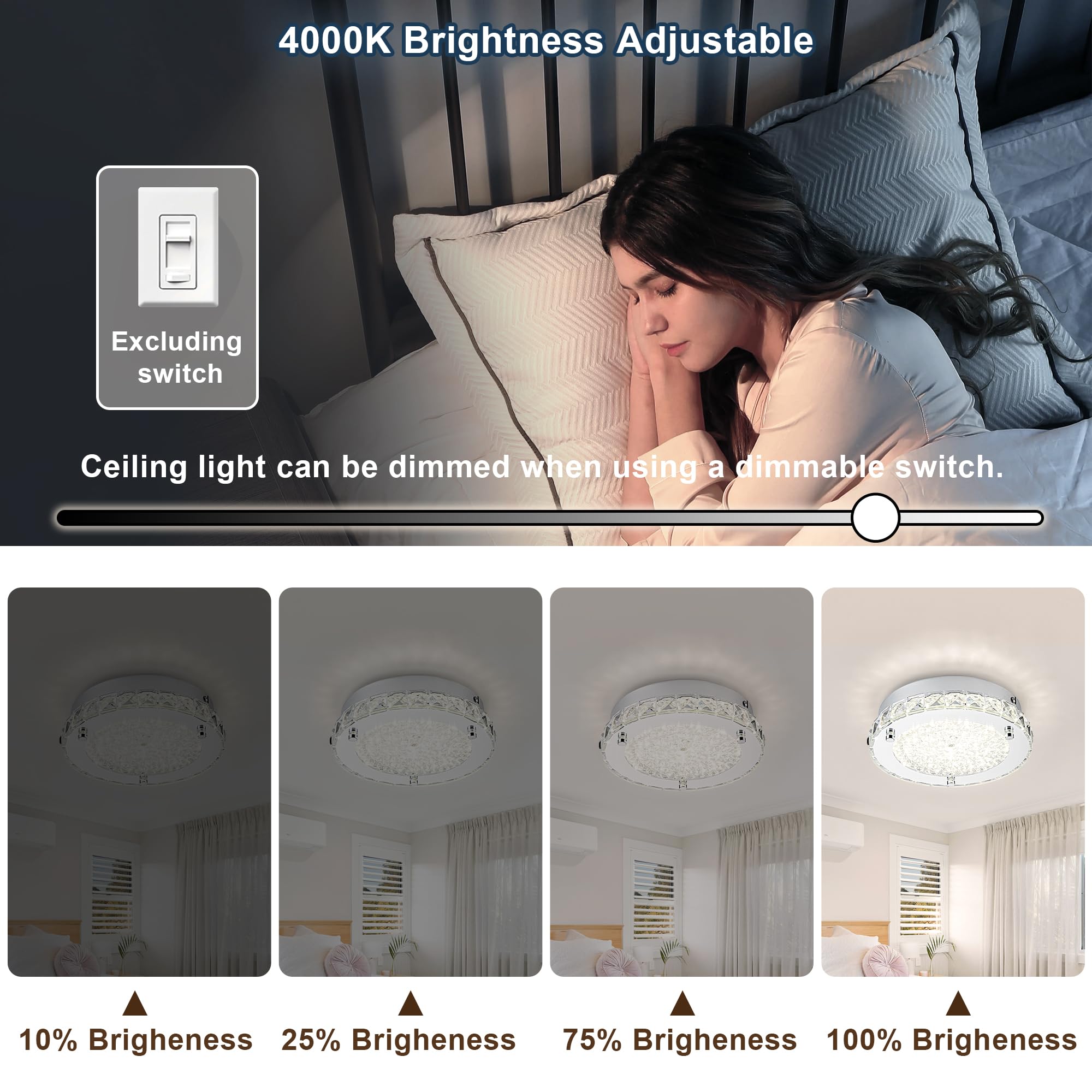 Dimmable Crystal LED Ceiling Light Fixture - 24W 4000K Daylight Flush Mount for Kitchen, Bedroom, Bathroom & Living Room | Elegant Lighting for Hallways & Home Decor