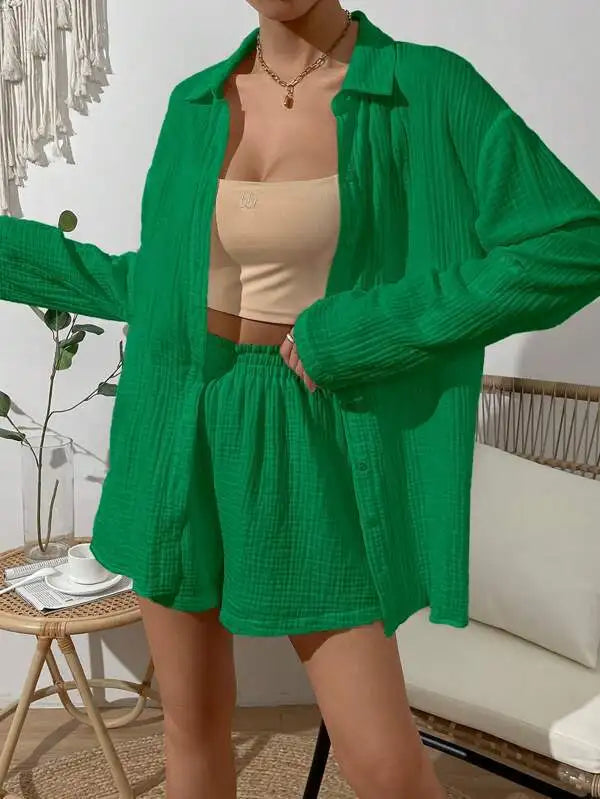 100% Cotton Women's 2-Piece Gauze Muslin Set - Long Sleeve Shirt & High Waist Loose Shorts | Summer Casual Outfit, Beach Cover-Up, Lounge Wear