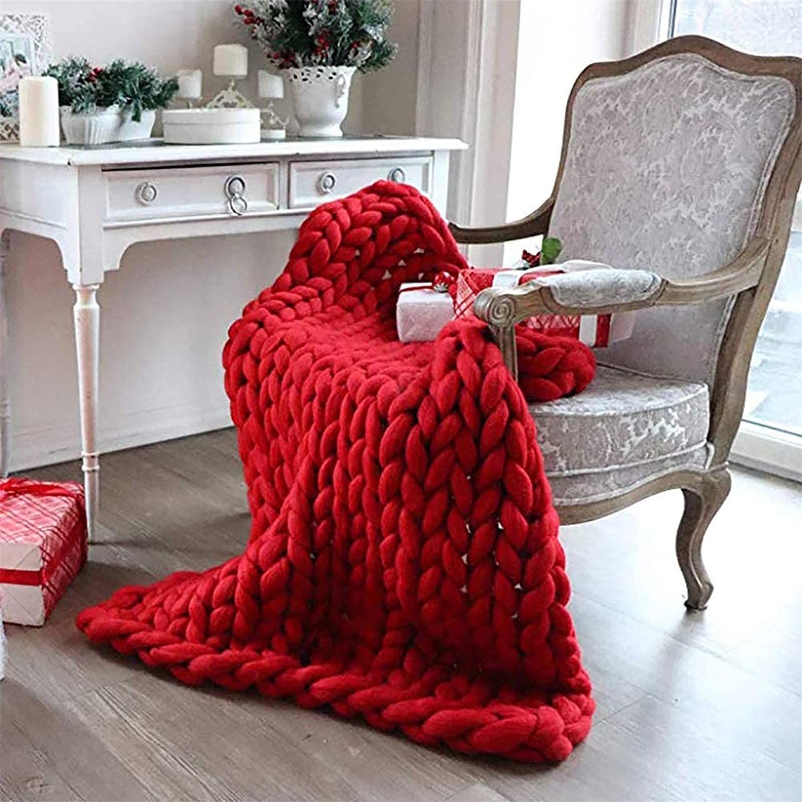 Chunky Knit Wool Throw Blanket - Soft, Warm & Cozy Oversized 100x150cm Red Blanket for Couch, Sofa, Bed & Home Decor - Perfect for Living Room, Yoga & Winter Snuggles