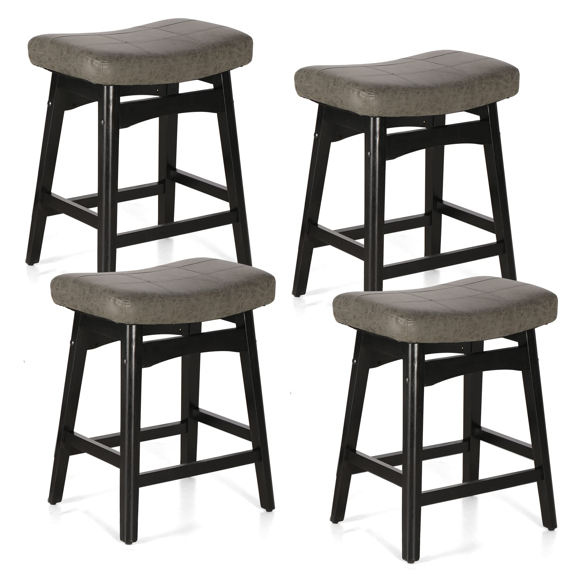 MAISON ARTS Set of 4 Grey Farmhouse Bar Stools - 24in Height Counter Stools with Solid Wood Legs & Faux Leather Saddle Seat for 34