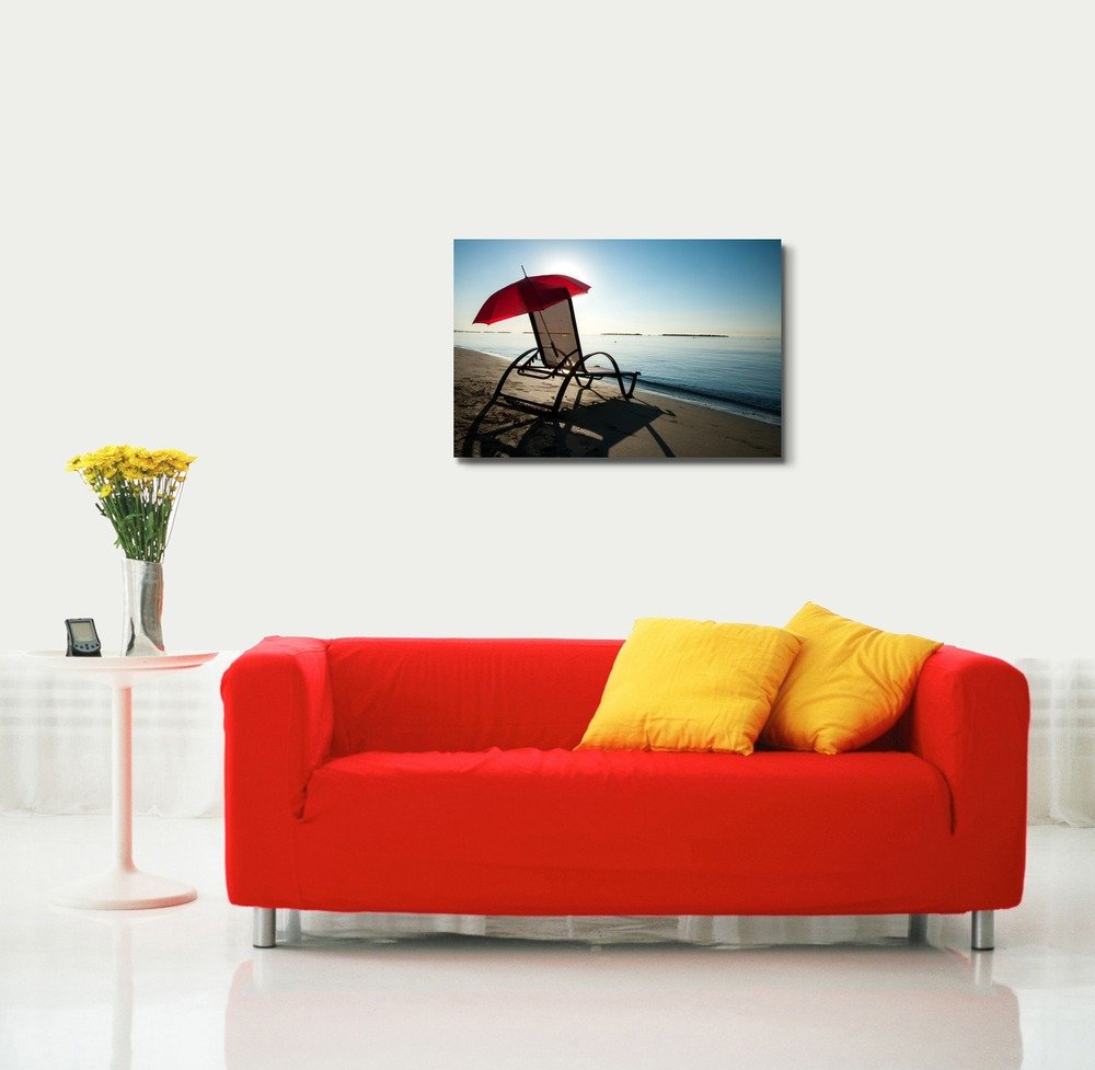 Tranquil Mediterranean Morning Beach Canvas Print - Red Umbrella & Chair Wall Art - 24x36 Inch Coastal Decor for Living Room, Bedroom & Office