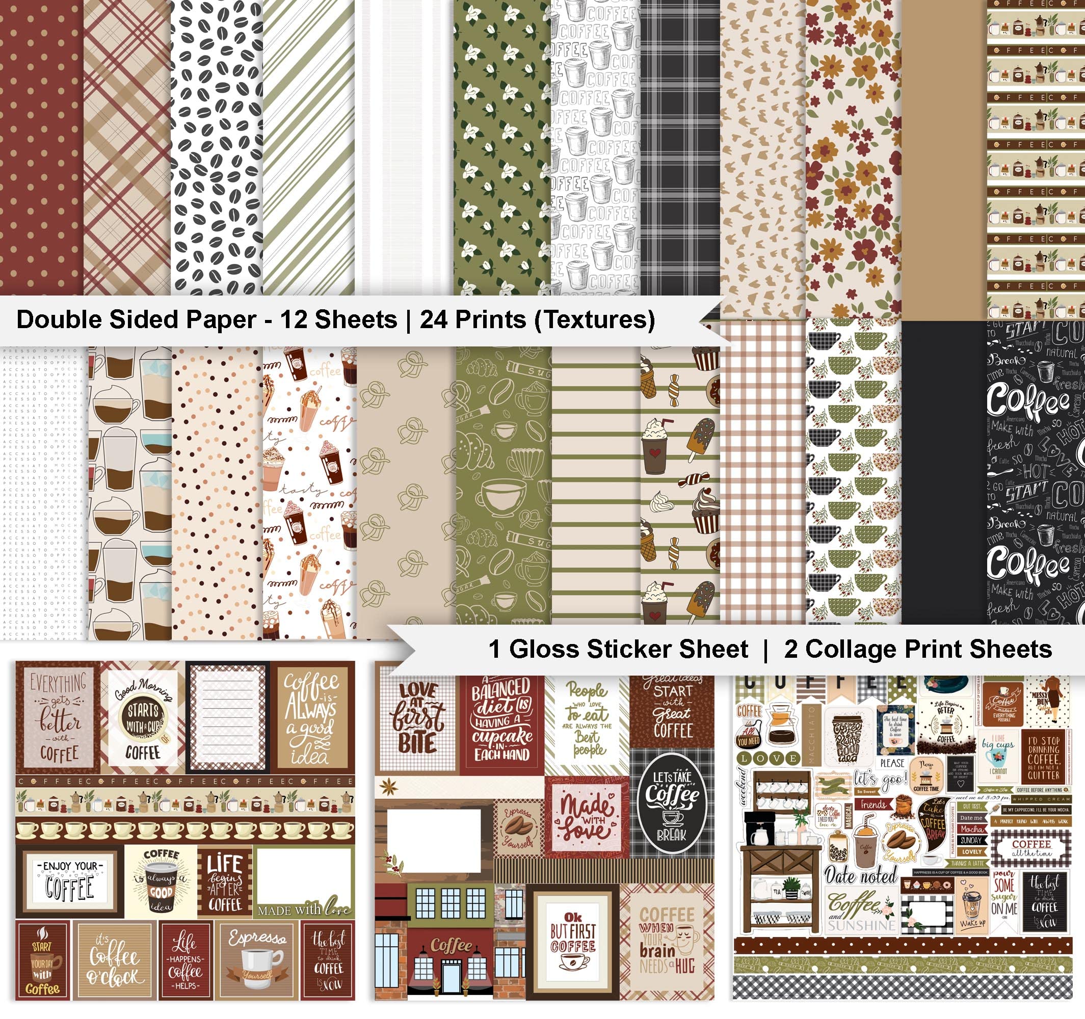 Inkdotpot Coffee Themed Double-Sided Scrapbook Paper Kit - 12