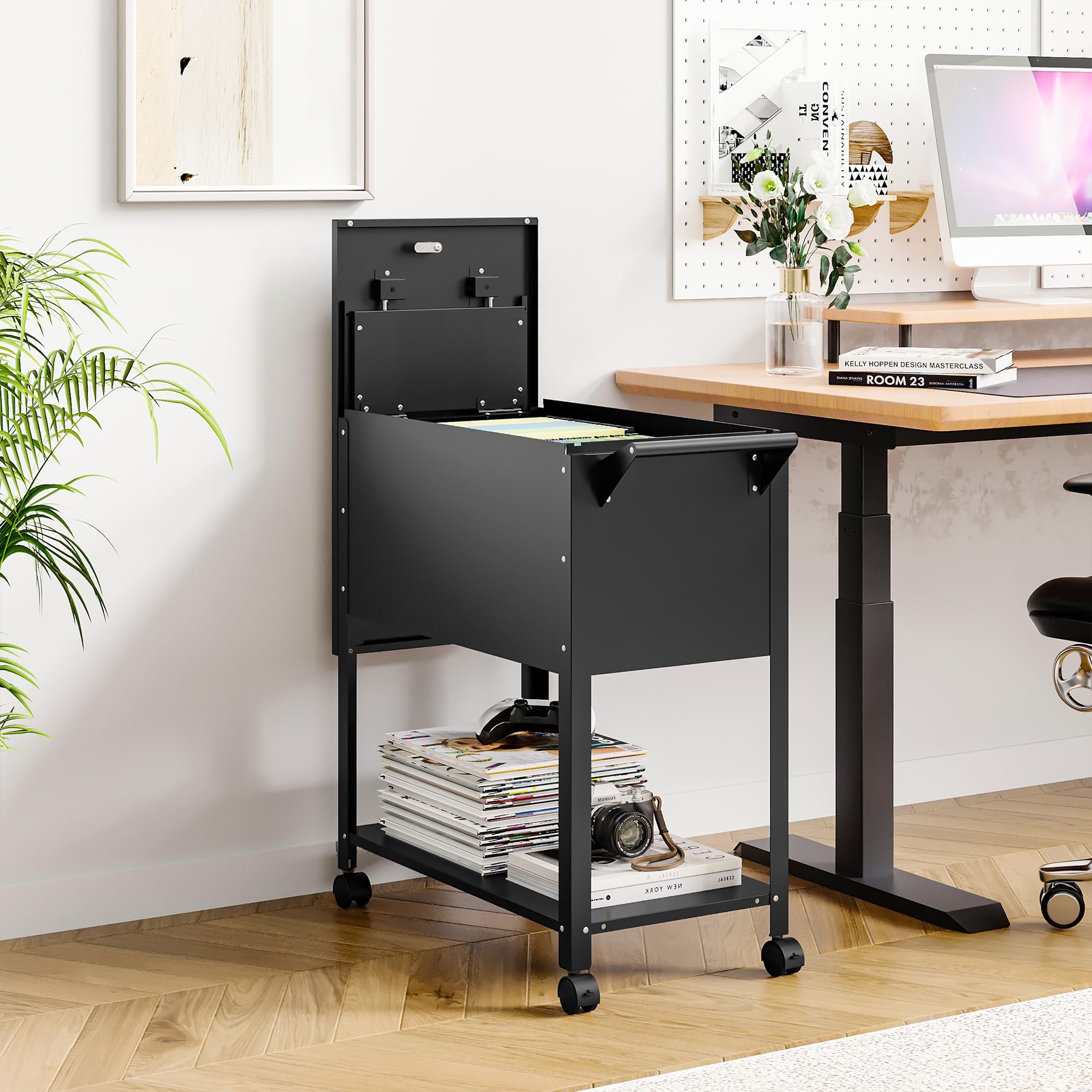 2-Tier Rolling File Cart with Wheels - Metal File Organizer with Lock & Sliding Covers for A4/Letter/Legal Size Documents - Black Office Storage Solution for Home, School or Workplace Organization