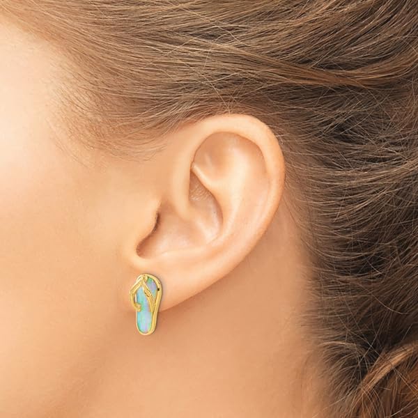 14K Solid Yellow Gold White Opal Flip Flop Sandal Stud Earrings - Hawaiian Beach Jewelry for Summer Vacation & Tropical Parties