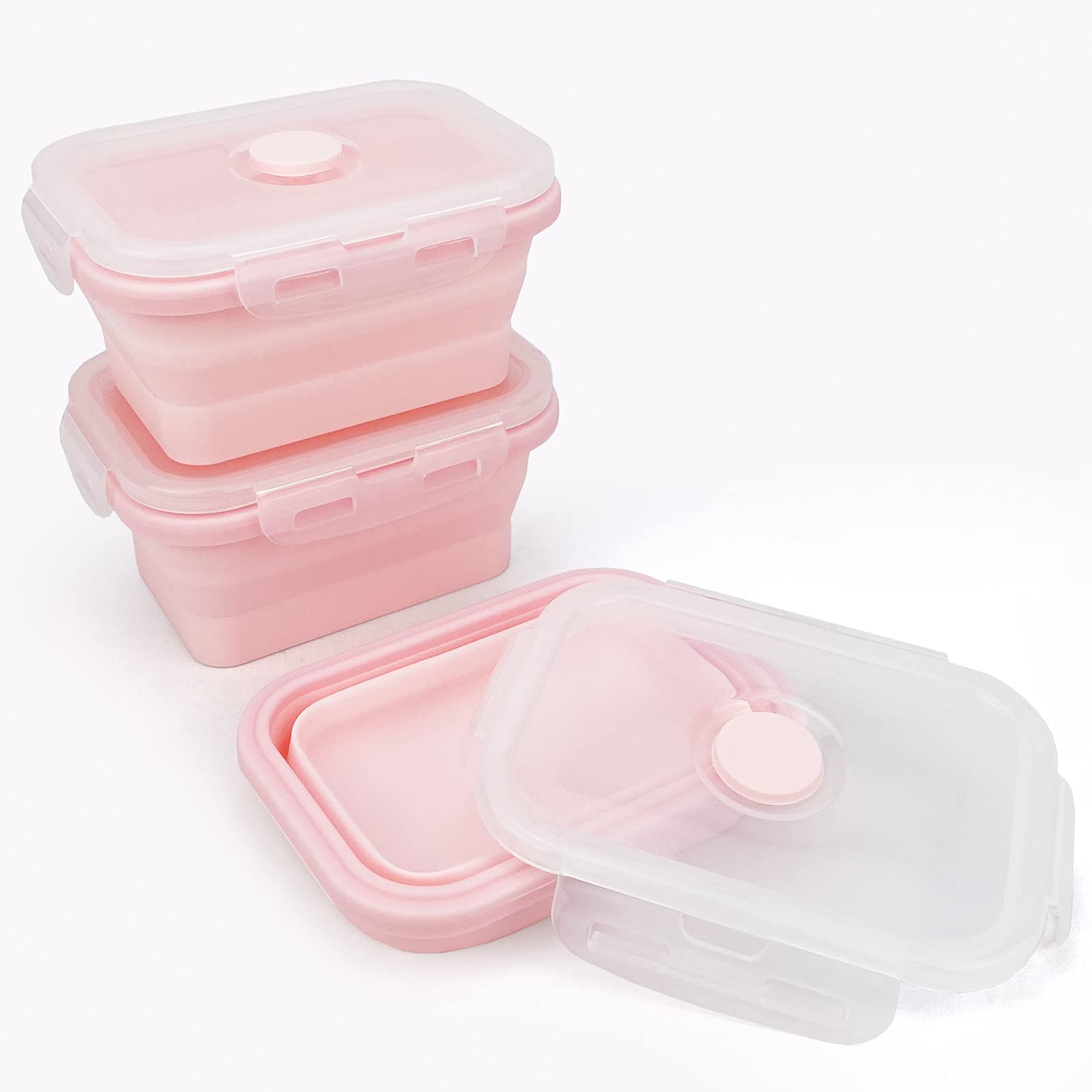 CCyanzi 3-Piece Collapsible Food Storage Containers with Lids - Microwave & Freezer Safe Silicone Lunch Box Set - Space Saving for Kitchen, Office, Camping & Travel (Pink) | Perfect for Meal Prep, Leftovers & On-the-Go Snacks