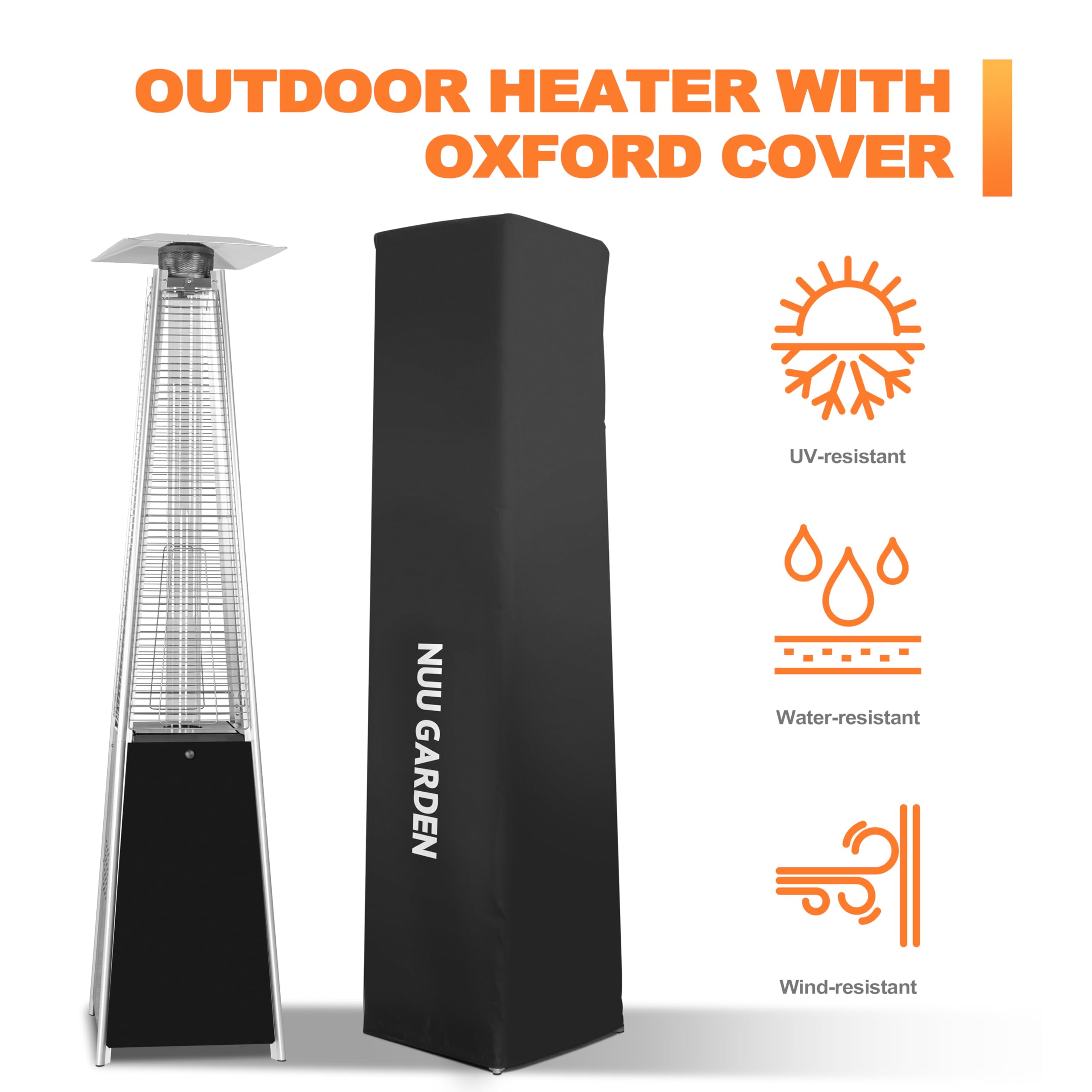 Nuu Garden 48,000 BTU Outdoor Propane Patio Heater with Wheels & Oxford Cover - Hammered Bronze Pyramid Tower Heater for Backyard, Deck, Terrace, Restaurant - Weather-Resistant Portable Heating Solution for Outdoor Gatherings