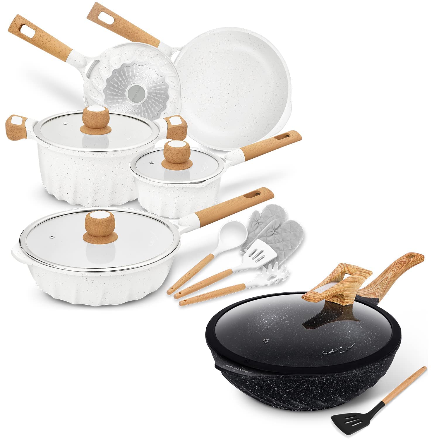 Non-Stick Induction Cookware Set - 13-Piece White & 12.6 Inch Wok Pan with Utensils - Black - Perfect for Home Cooking, Stir Fry & Healthy Meals